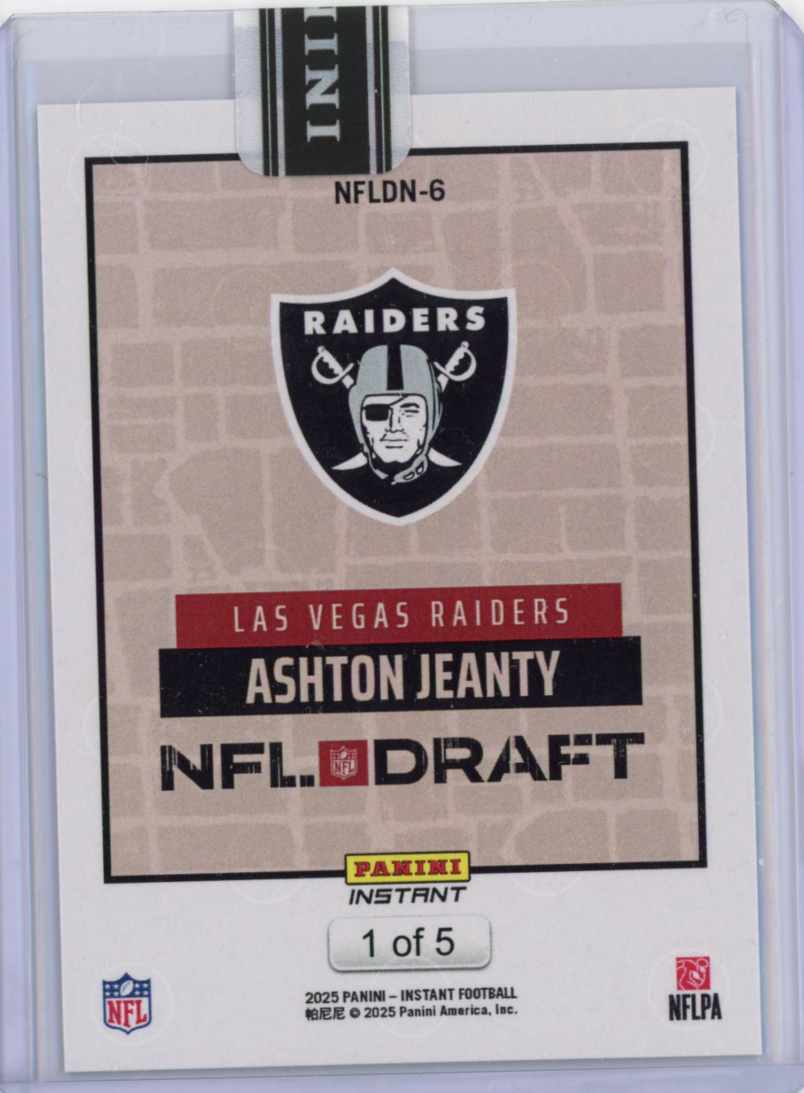 2025 Panini Instant NFL Ashton Jeanty #DN6 Draft Night Green /5 Las Vegas Raiders Rookie RC Football Card