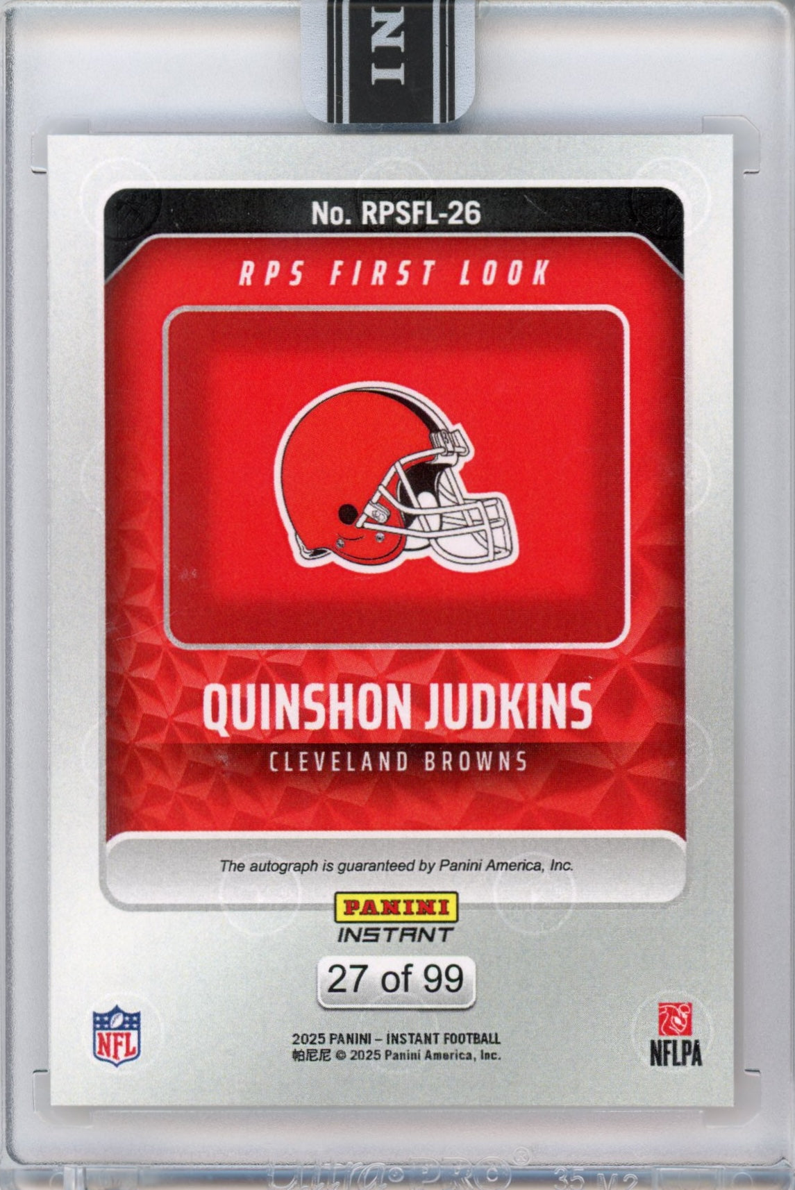 2025 Panini Instant NFL Quinshon Judkins #26 RPS First Look Auto /99 Cleveland Browns Rookie RC Football Card