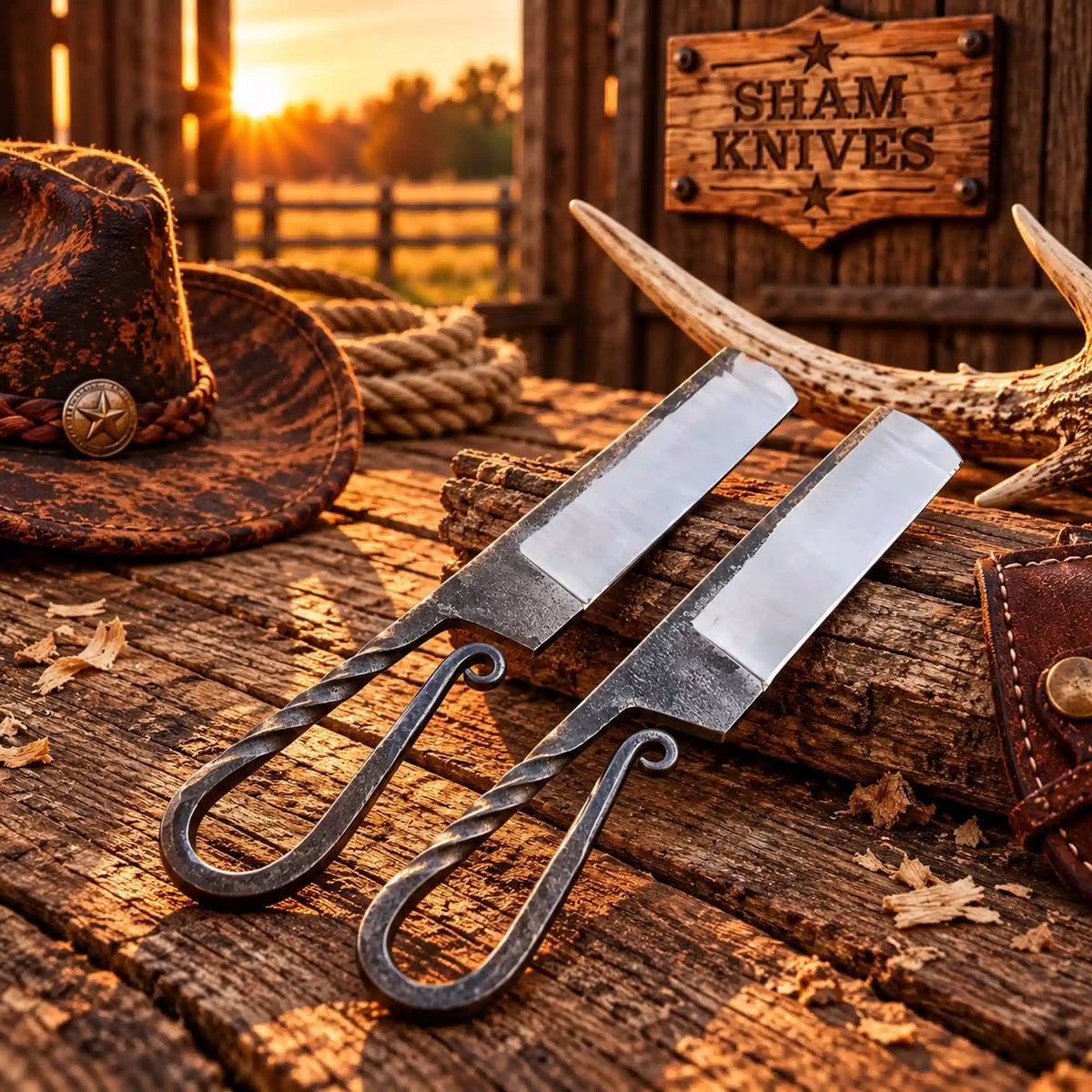 The Iron Horse Railroad Spike Bull Cutter Knife Set & Leather Sheath