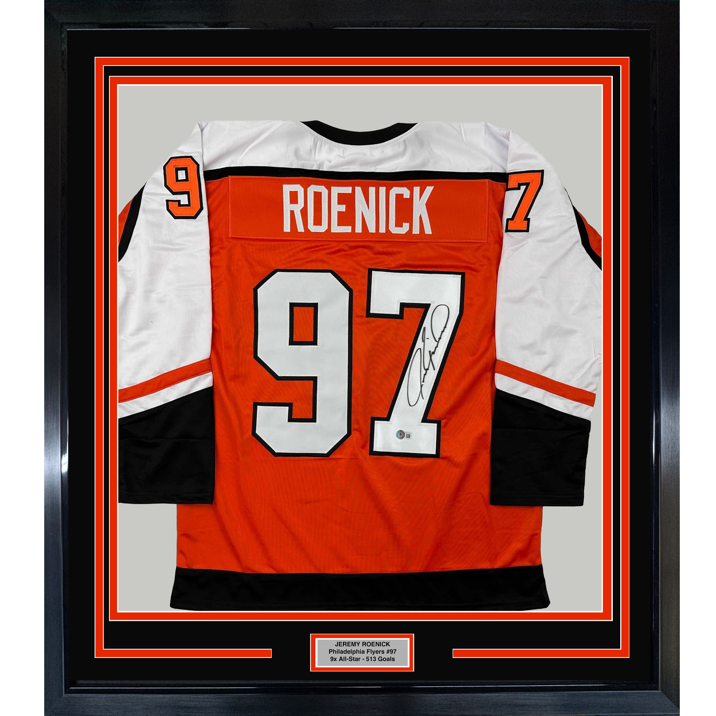 Framed Autographed/Signed Jeremy Roenick 35x39 Philadelphia Orange Hockey Jersey Beckett BAS COA