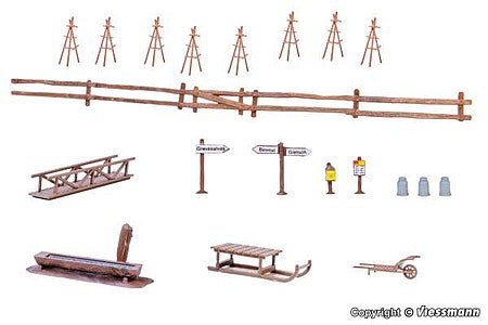 Kibri 38111 HO Scale Alpine Country Detail Set - Kit -- Fences, Signs, Sleigh, Crop Stands, Etc.
