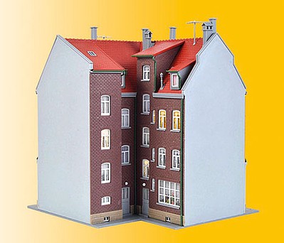 Kibri 38350 HO Scale Corner City House/Apartment w/LED Lighting -- Kit - 6-1/8 x 6-1/8 x 6-11/16"  15.5 x 15.5 x 17cm