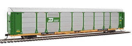 Walthers Proto 101325 HO Scale 89' Thrall Bi-Level Auto Carrier - Ready To Run -- Burlington Northern Rack, TTGX Flatcar #150942 (green, silver; yellow Flat)