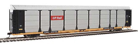 Walthers Proto 101328 HO Scale 89' Thrall Bi-Level Auto Carrier - Ready To Run -- Canadian Pacific Rack, TTGX Flatcar #973707 (black, silver; yellow Flat)