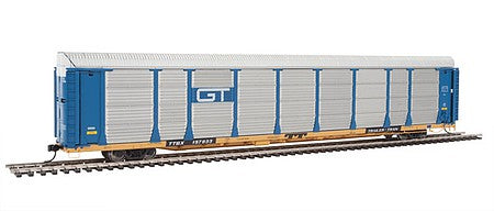 Walthers Proto 101335 HO Scale 89' Thrall Bi-Level Auto Carrier - Ready To Run -- Grand Trunk Western Rack, TTGX Flatcar #88090/157933 (blue, silver; yellow F