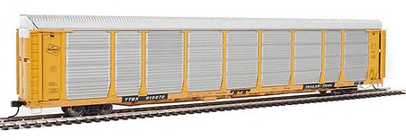 Walthers Proto 101342 HO Scale 89' Thrall Bi-Level Auto Carrier - Ready To Run -- Milwaukee Road Rack, TTGX Flatcar #910272 (yellow, silver; yellow Flat)