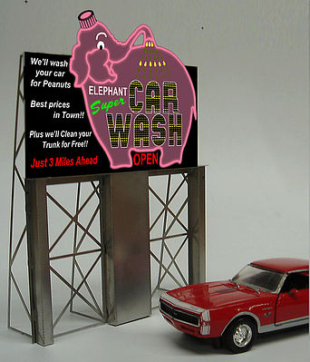 Miller Engineering 8381 All Scale Animated Neon Billboard w/Photo Etched Stanless Steel Support Structure -- Elephant Super Car Wash