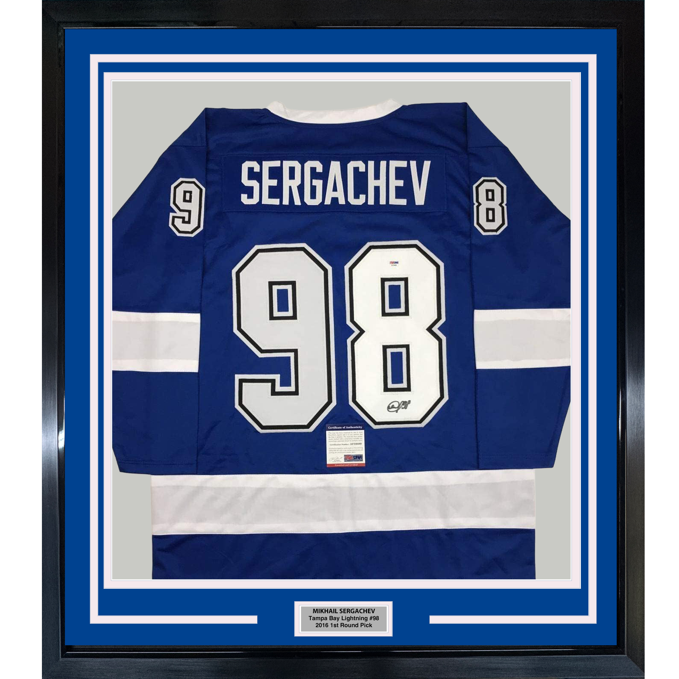 Framed Autographed/Signed Mikhail Sergachev 35x39 Tampa Bay Blue Hockey Jersey PSA/DNA COA