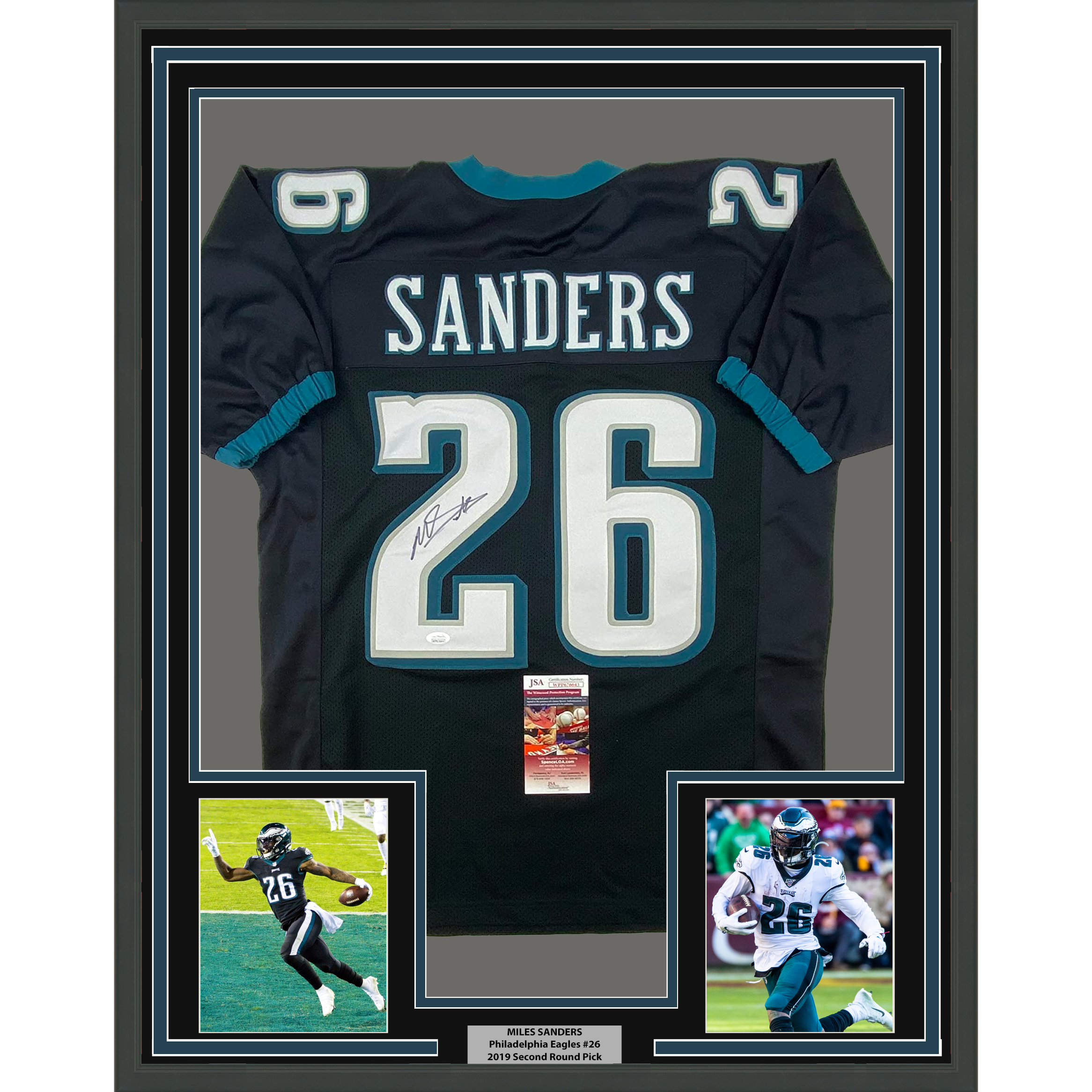 Framed Autographed/Signed Miles Sanders 35x39 Philadelphia Black Football Jersey JSA COA