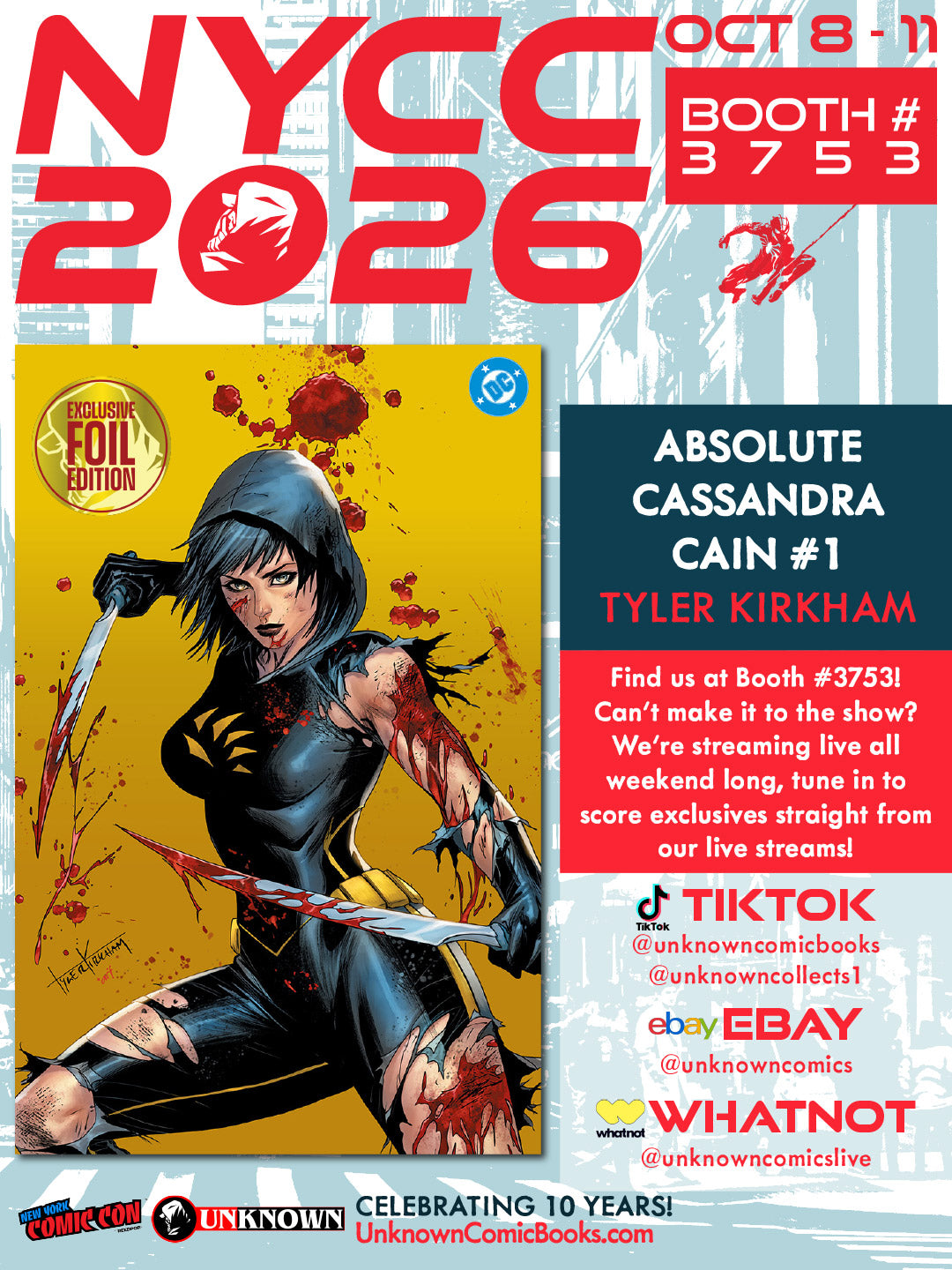 [GOLD FOIL] ABSOLUTE CASSANDRA CAIN THE SHADOW'S HAND #1 (ONE SHOT) TYLER KIRKHAM NYCC BATTLE DAMAGED EXCLUSIVE VIRGIN VAR (10/28/2026)