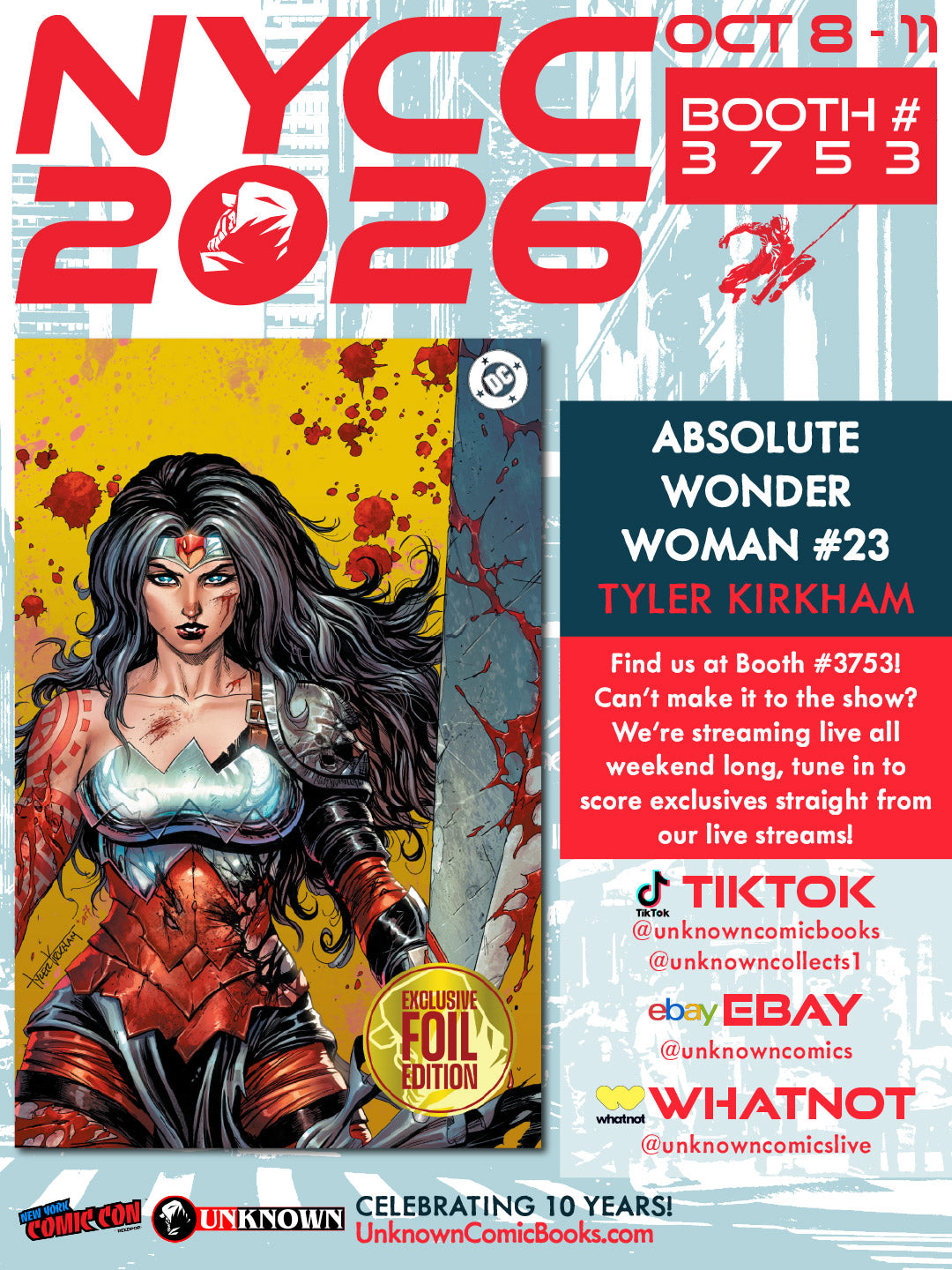 [GOLD FOIL] ABSOLUTE WONDER WOMAN #23 TYLER KIRKHAM BATTLE DAMAGED NYCC EXCLUSIVE VIRGIN VAR (10/28/2026)