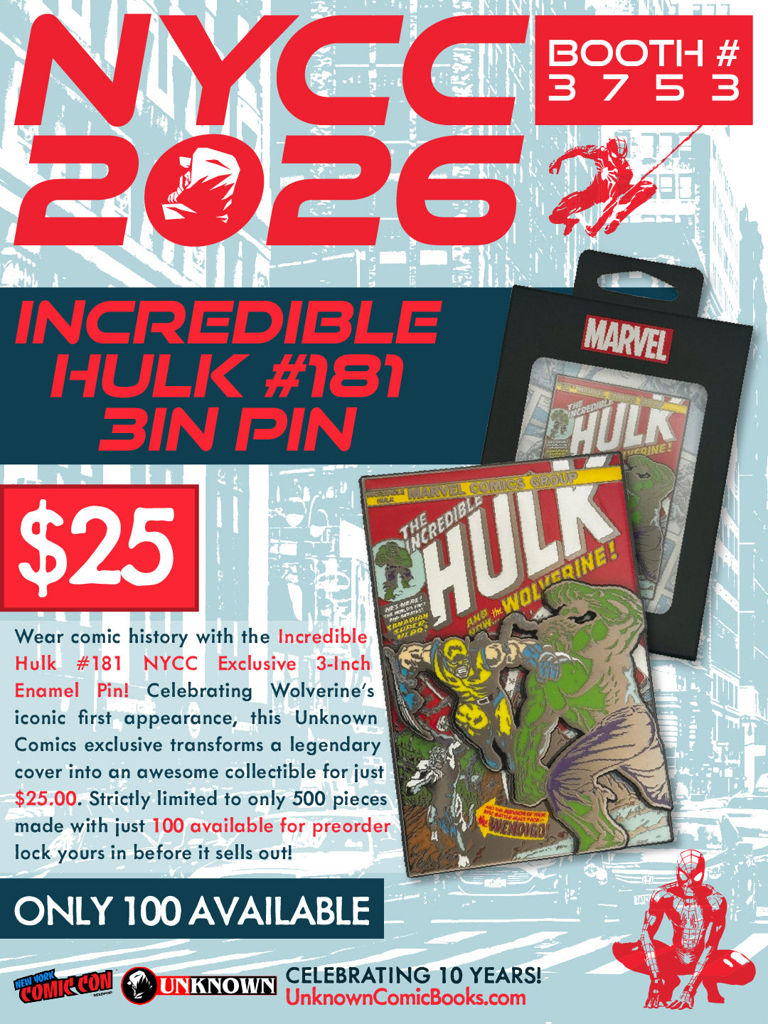 Incredible Hulk #181 3" Enamel Pin NYCC 2026 | Unknown Comics Exclusve (10/28/2026)