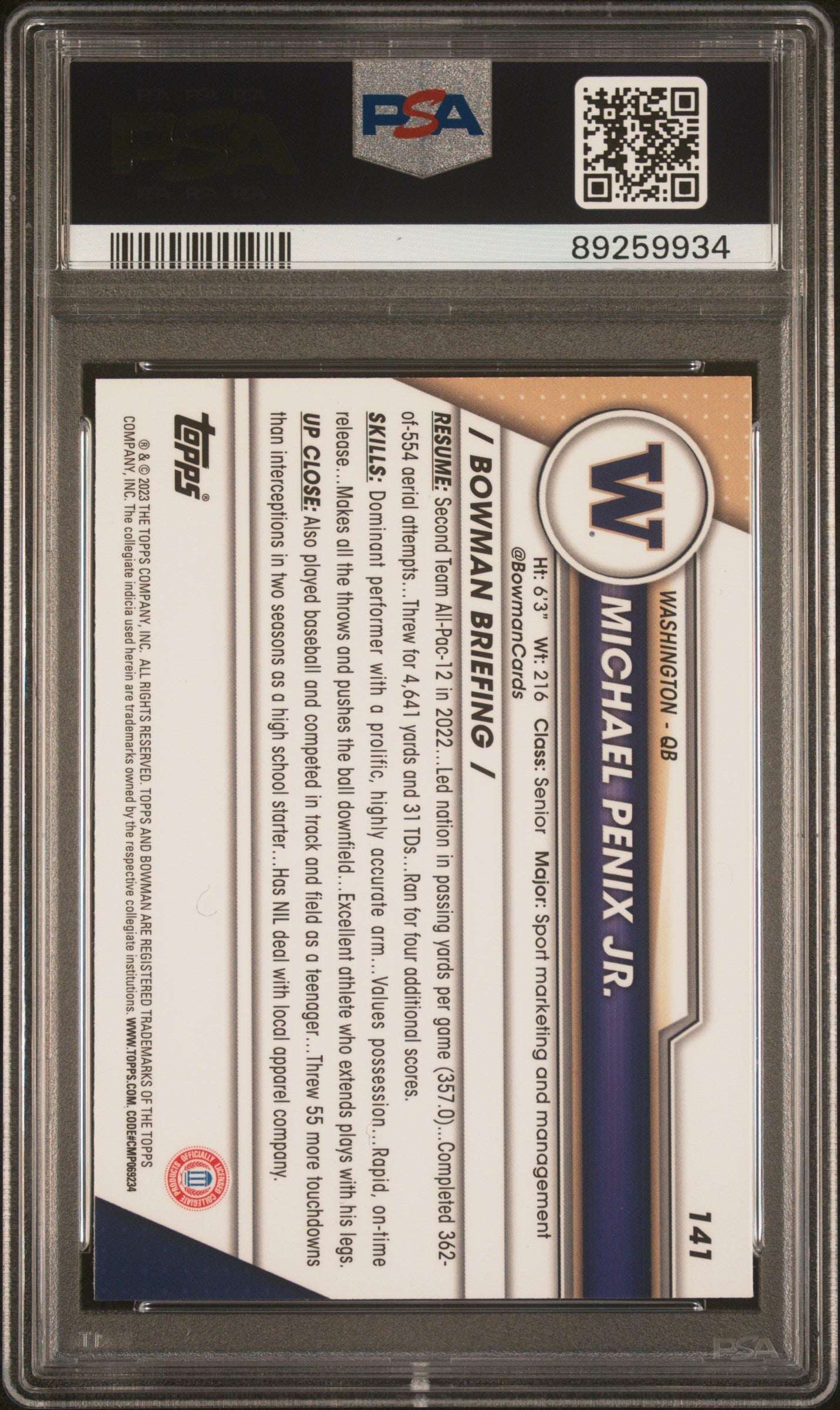 Graded 2023 Topps Bowman U Sapphire Michael Penix Jr. #141 Rookie RC Football Card PSA 10 Gem Mint
