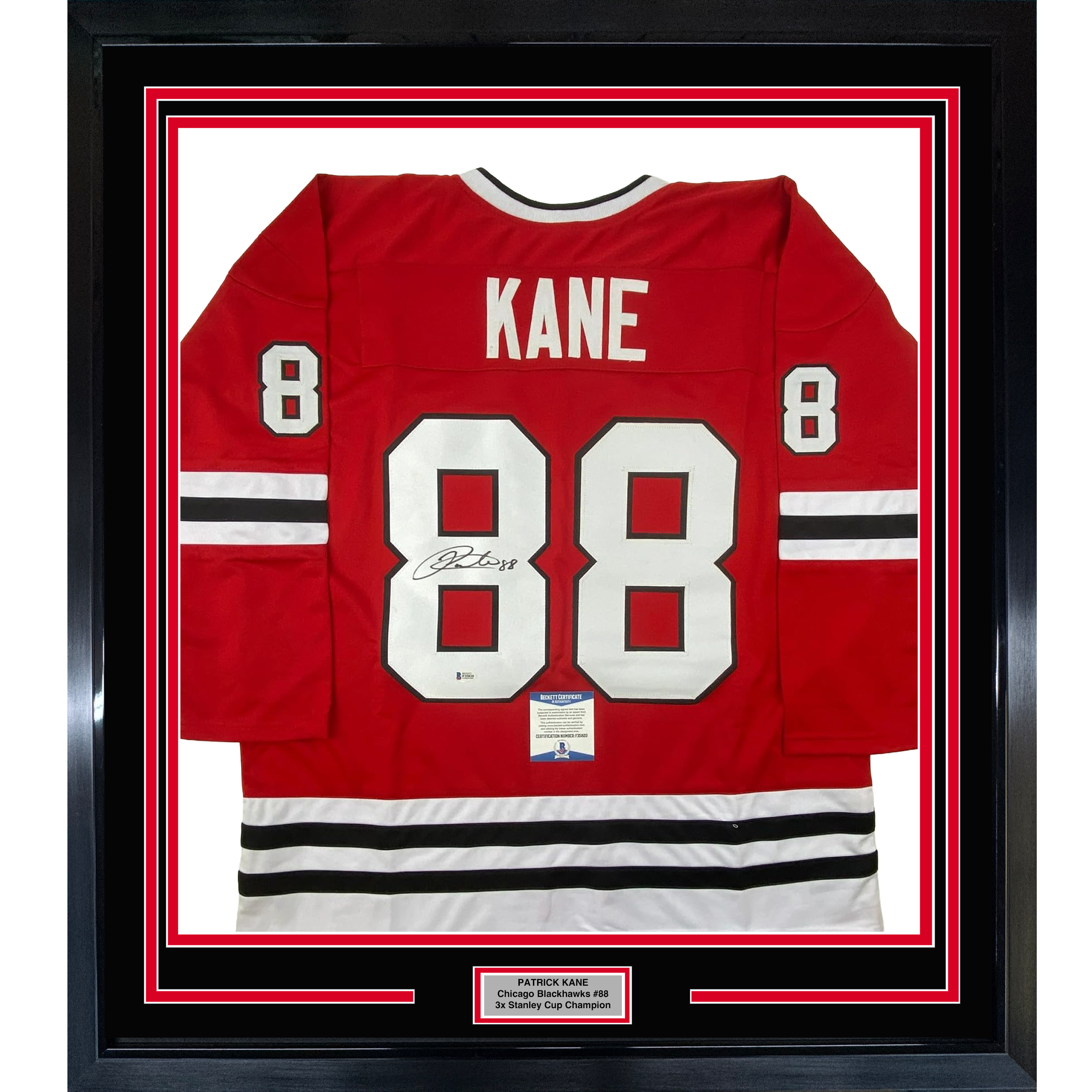 Framed Autographed/Signed Patrick Kane 35x39 Chicago Red Hockey Jersey Beckett BAS COA