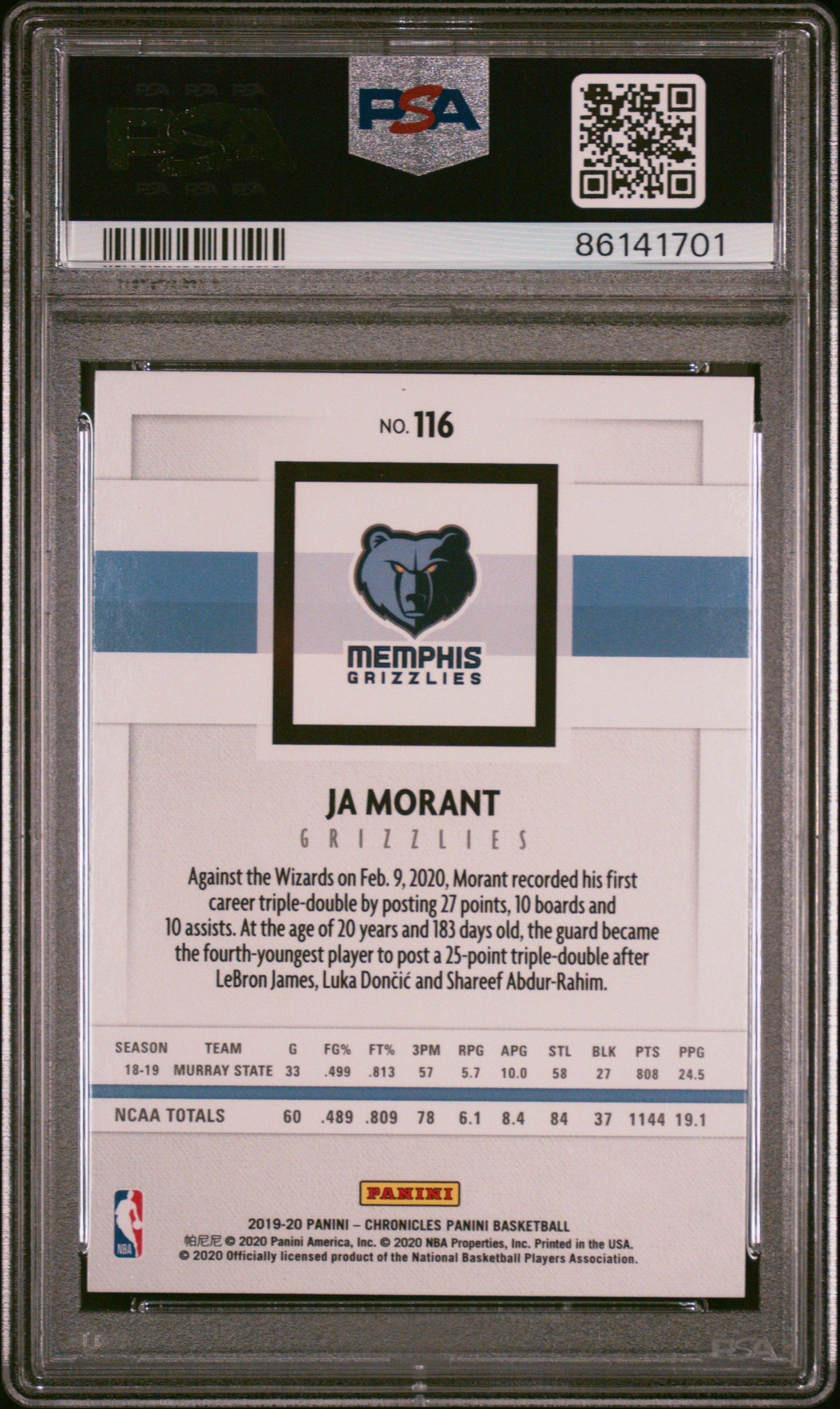 Graded 2019 Panini Chronicles Ja Morant #116 Pink Rookie RC Basketball Card PSA 9 Mint