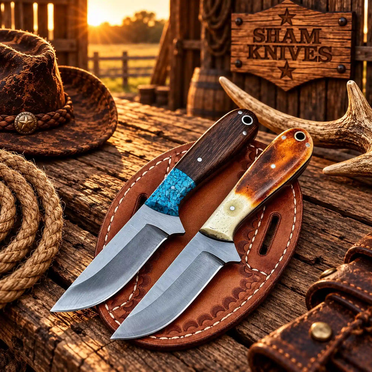 Rodeo D2 Cowboy Belt Knife Set – Wood, Turquoise & Burnt Bone Handles