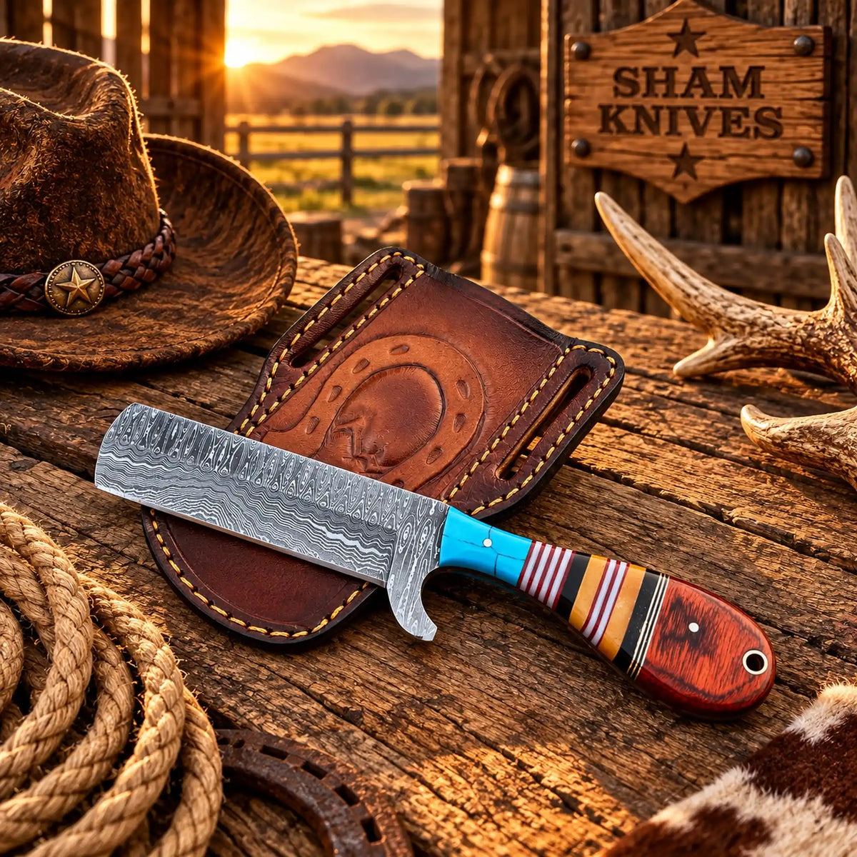 Rodeo Western Bull Cutter Damascus Knife Turquoise & Color Spacer Handle 8" Horseshoe Leather Sheath