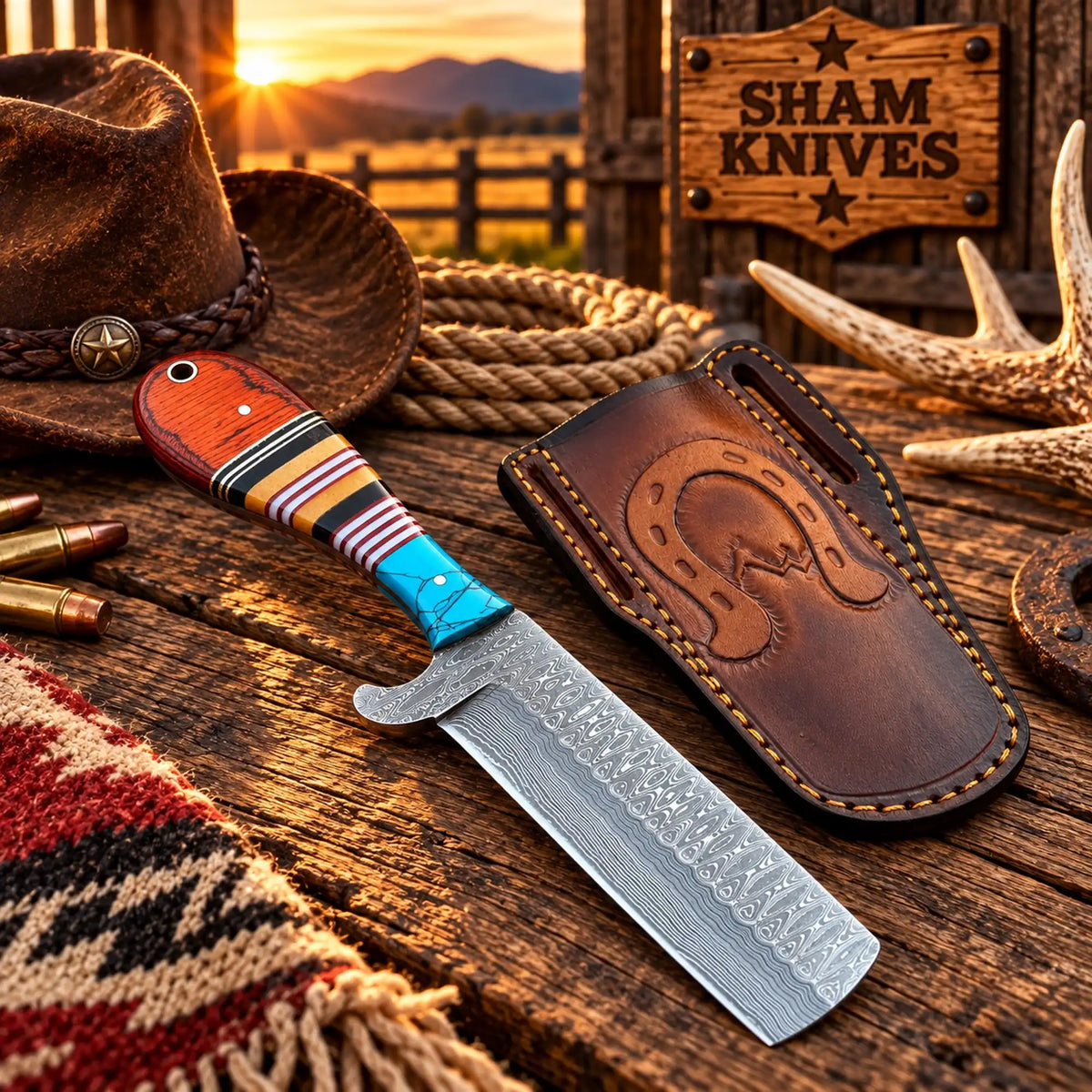 Rodeo Western Bull Cutter Damascus Knife Turquoise & Color Spacer Handle 8" Horseshoe Leather Sheath