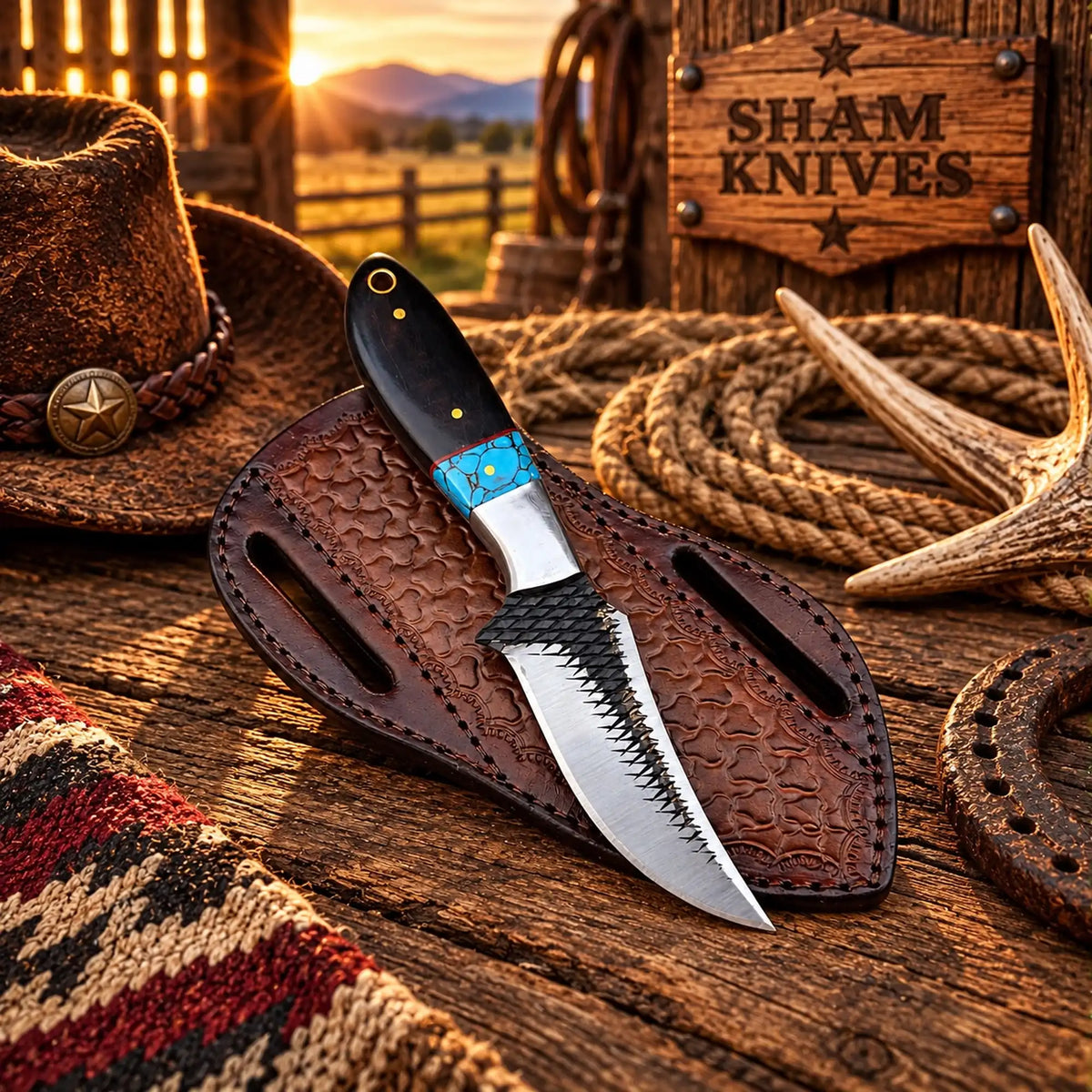 7” Rodeo Western Knife Rasp File Steel Buffalo Horn & Turquoise Handle