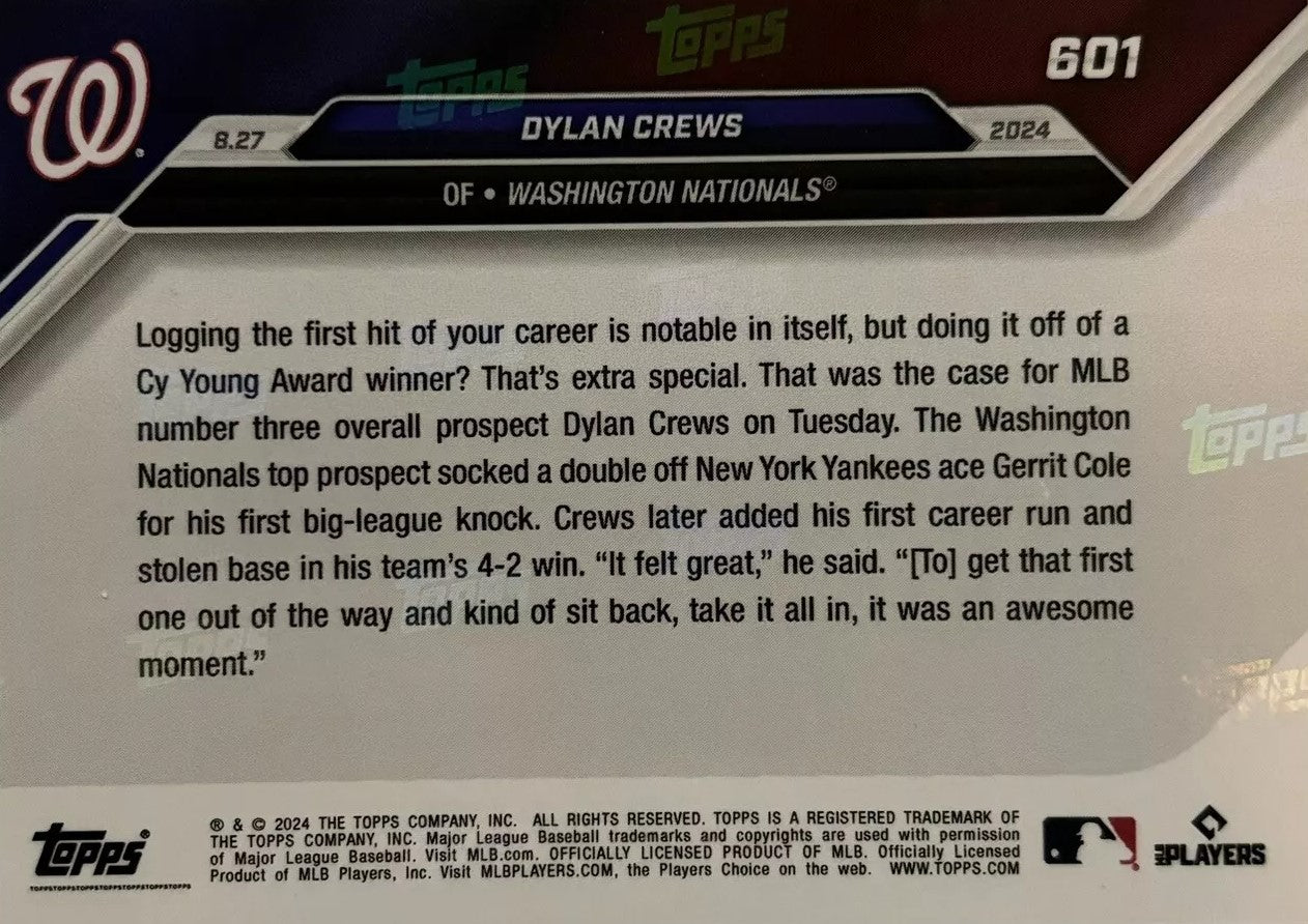 2024 Topps Now Dylan Crews #601 Blue #/49 Washington Nationals Rookie RC Baseball Card