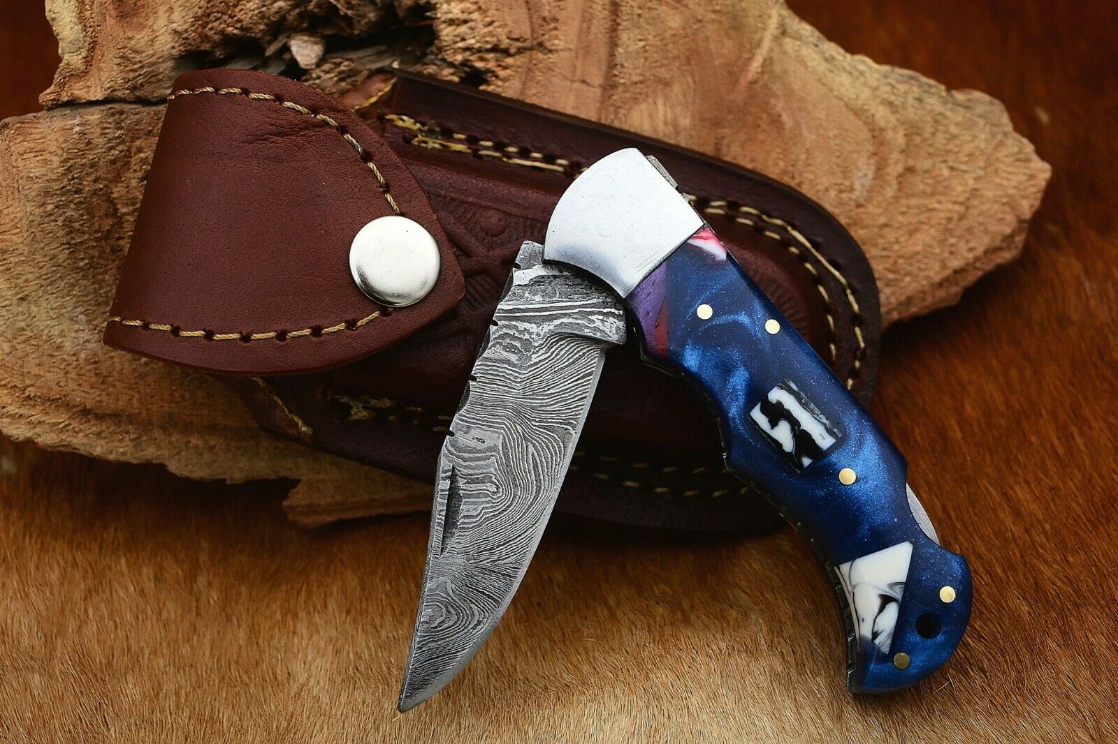 Damascus Handmade Custom Folding Pocket Knife with Epoxy Resin and Steel Bolster Handle, 3-inch Blade Length