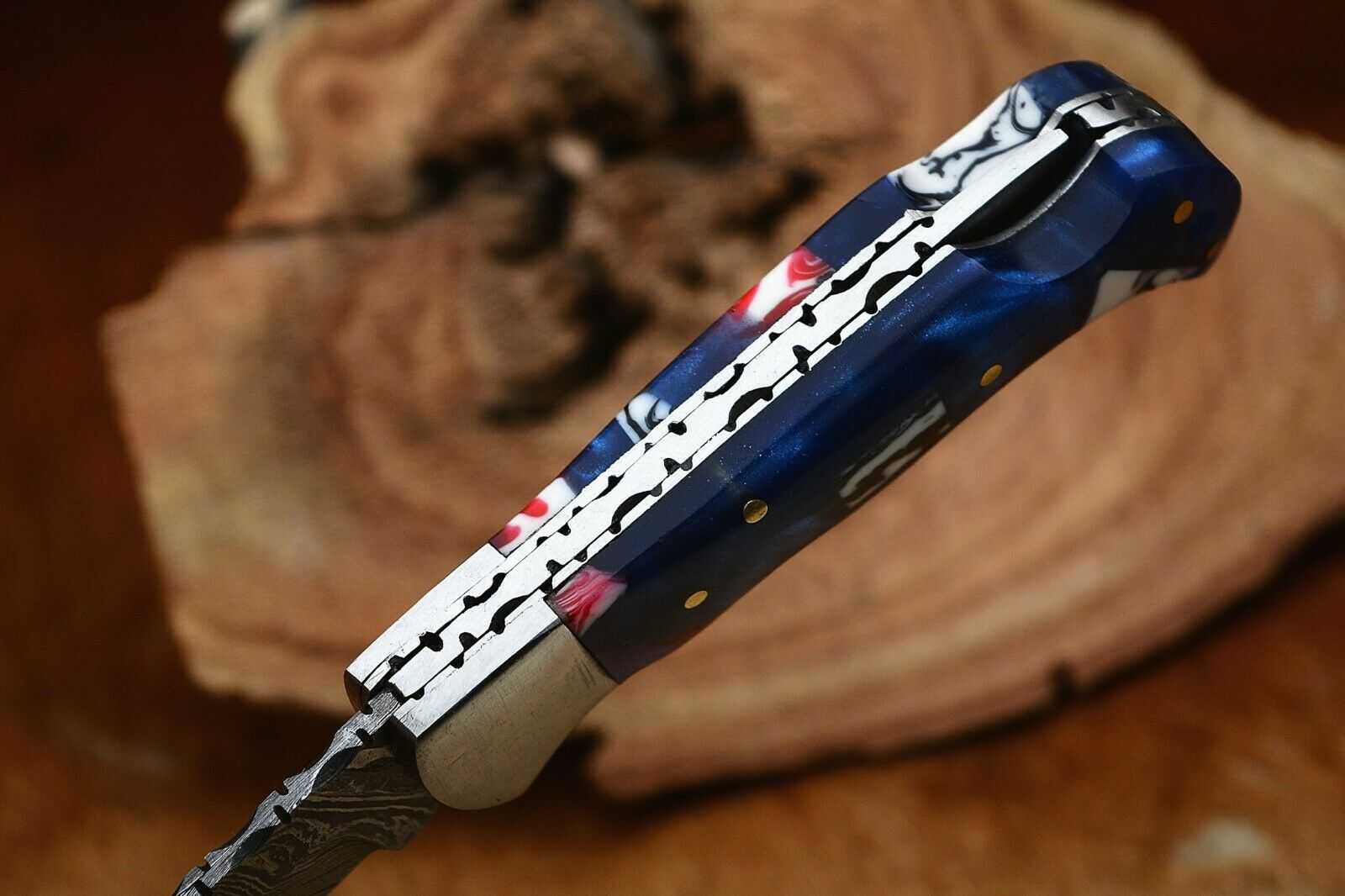 Damascus Handmade Custom Folding Pocket Knife with Epoxy Resin and Steel Bolster Handle, 3-inch Blade Length