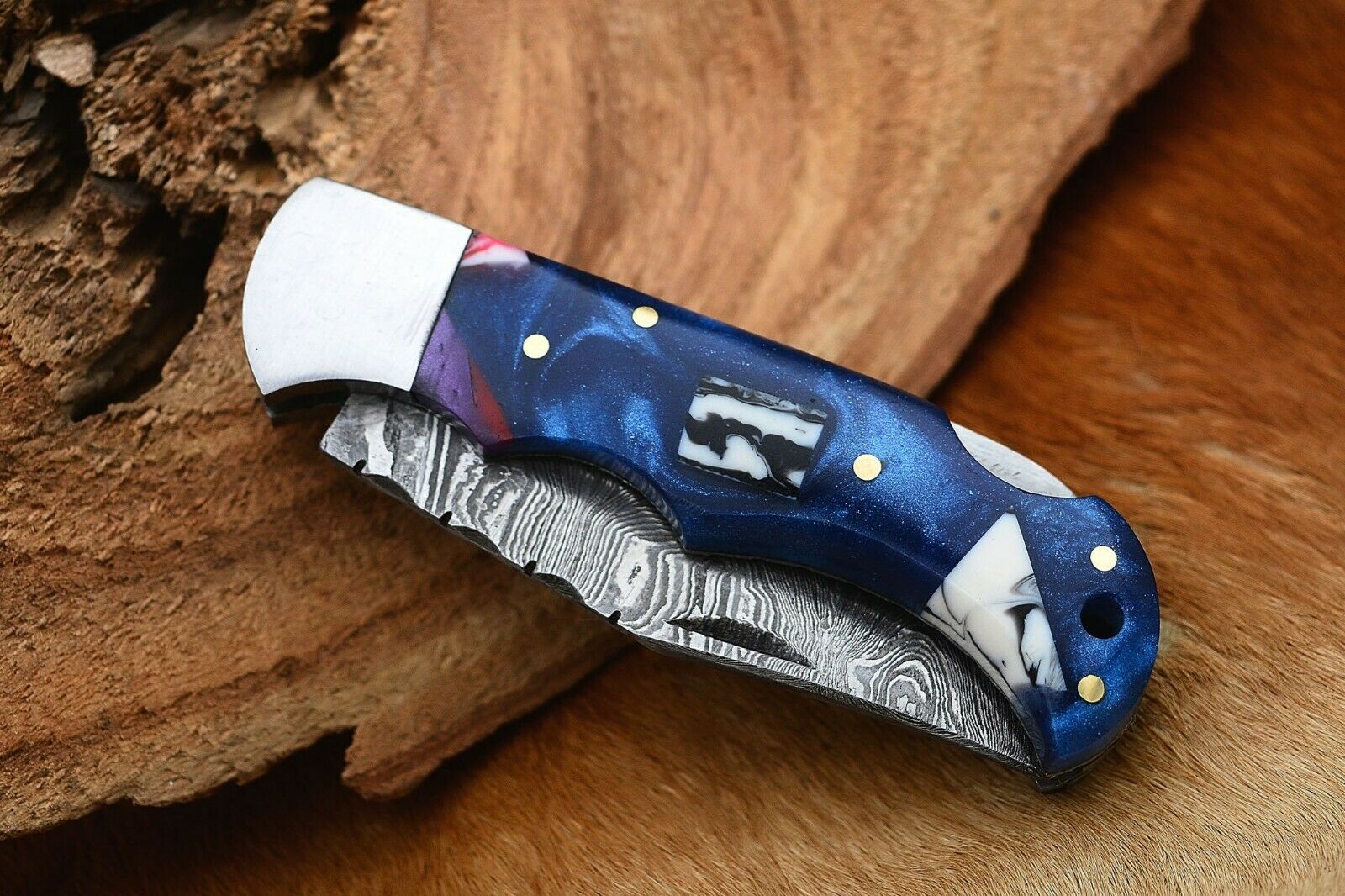 Damascus Handmade Custom Folding Pocket Knife with Epoxy Resin and Steel Bolster Handle, 3-inch Blade Length