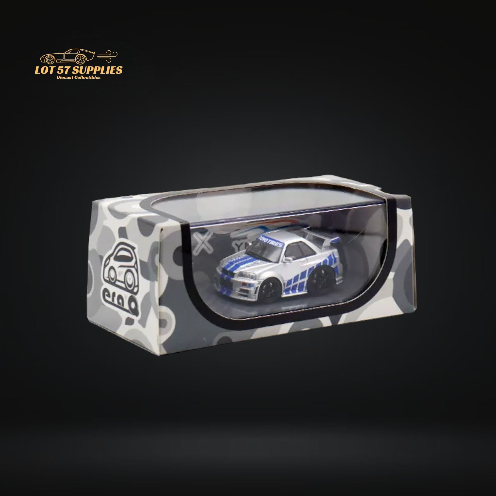 YM model X QCAR Skyline R34 Silver Blue F&F Livery Resin 1:64