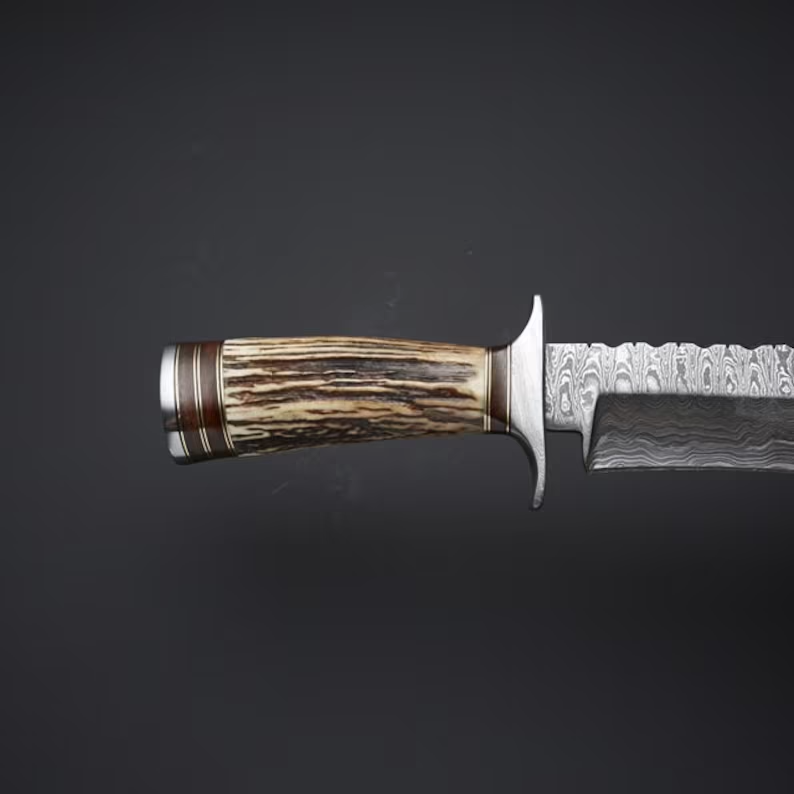 Heritage Hunter: Bowie Knife with Twist Damascus Steel Blade, Antler Horn Handle, and Leather Sheath