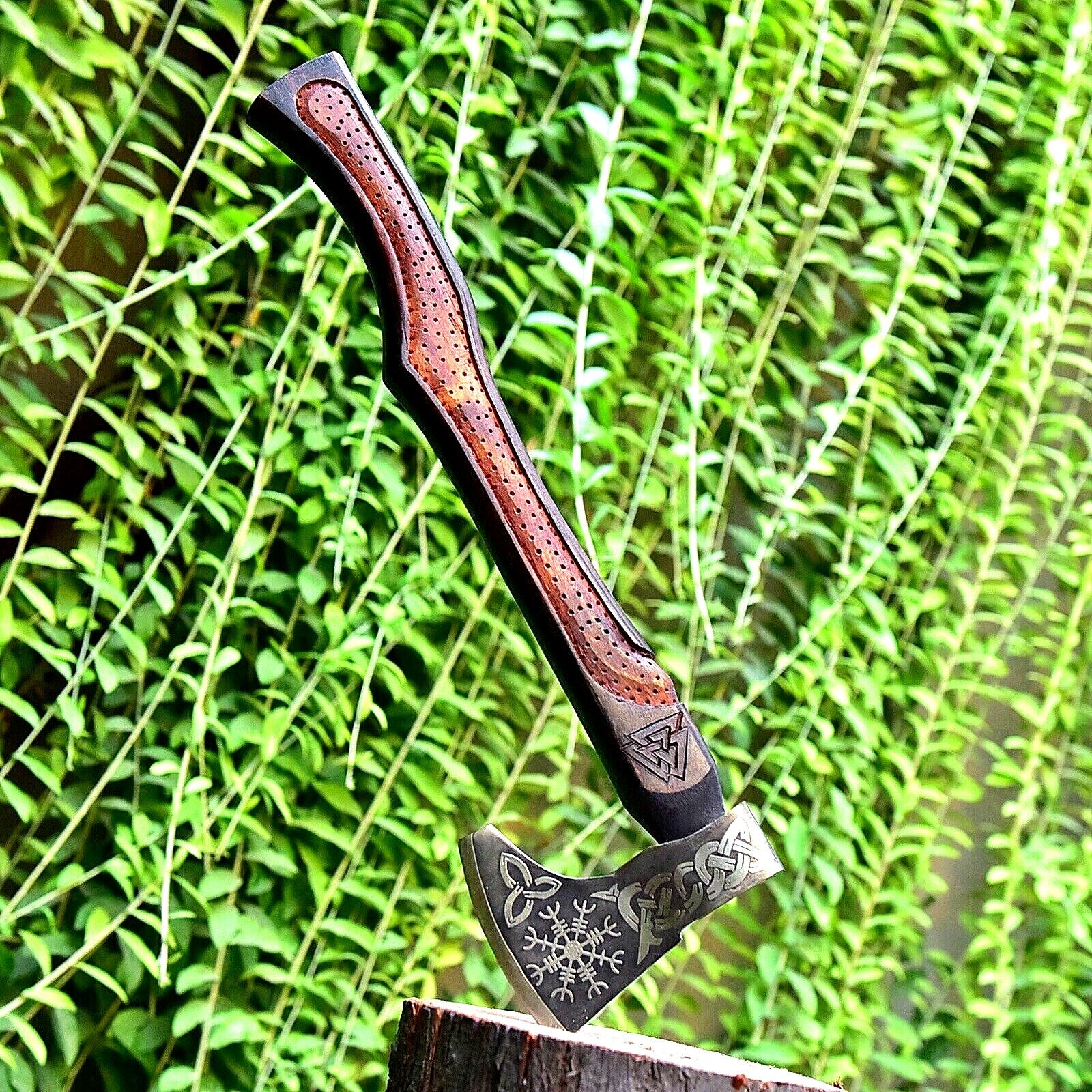 Norse Axe with Custom Handmade Forged Engraved 1095 Steel Blade and Hand Engraved Rosewood Handle – Valhalla Edge