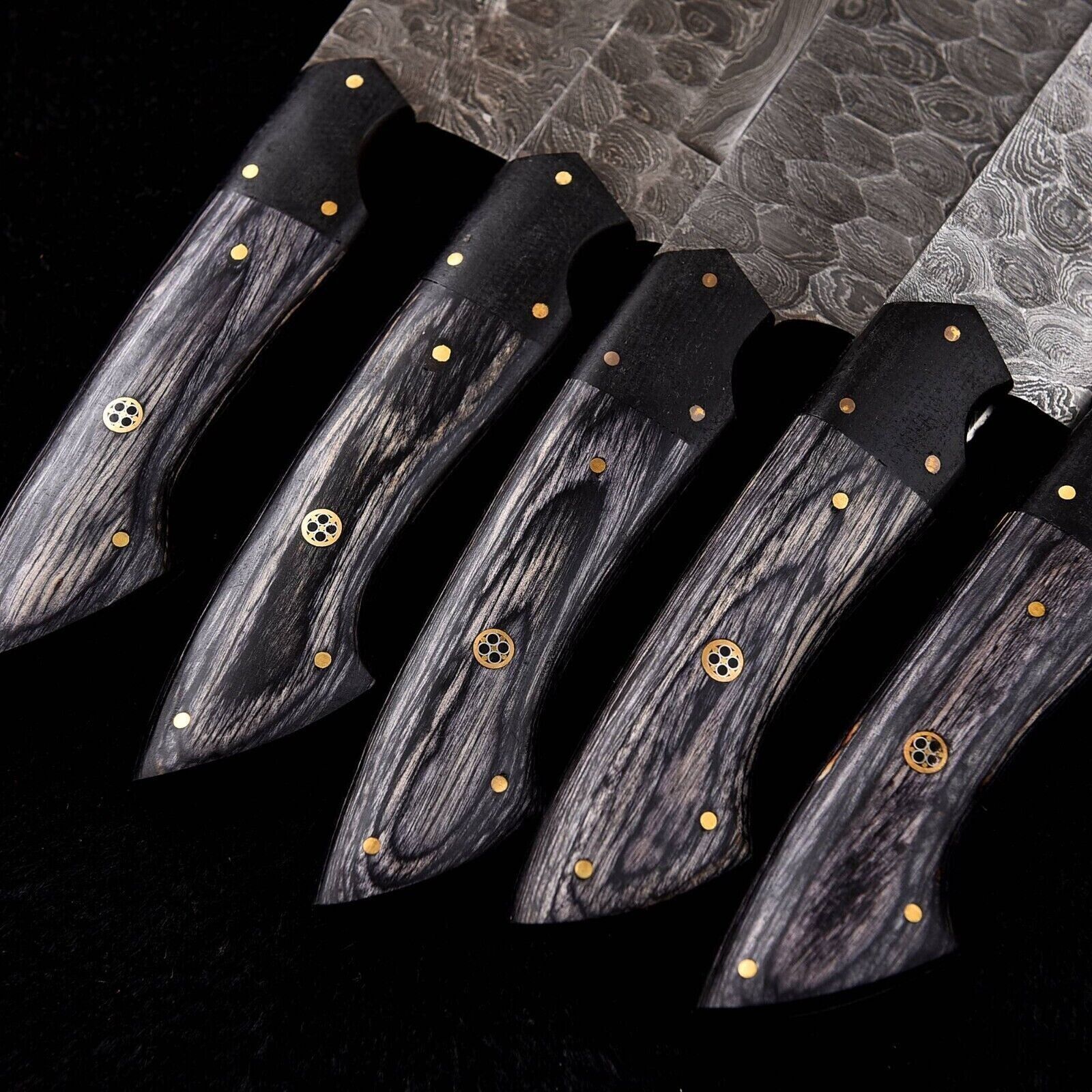 Custom Handmade Damascus Knife Set with Leather Roll