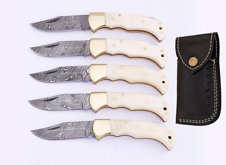 LOT OF 5 HANDMADE DAMASCUS STEEL FOLDING KNIVES