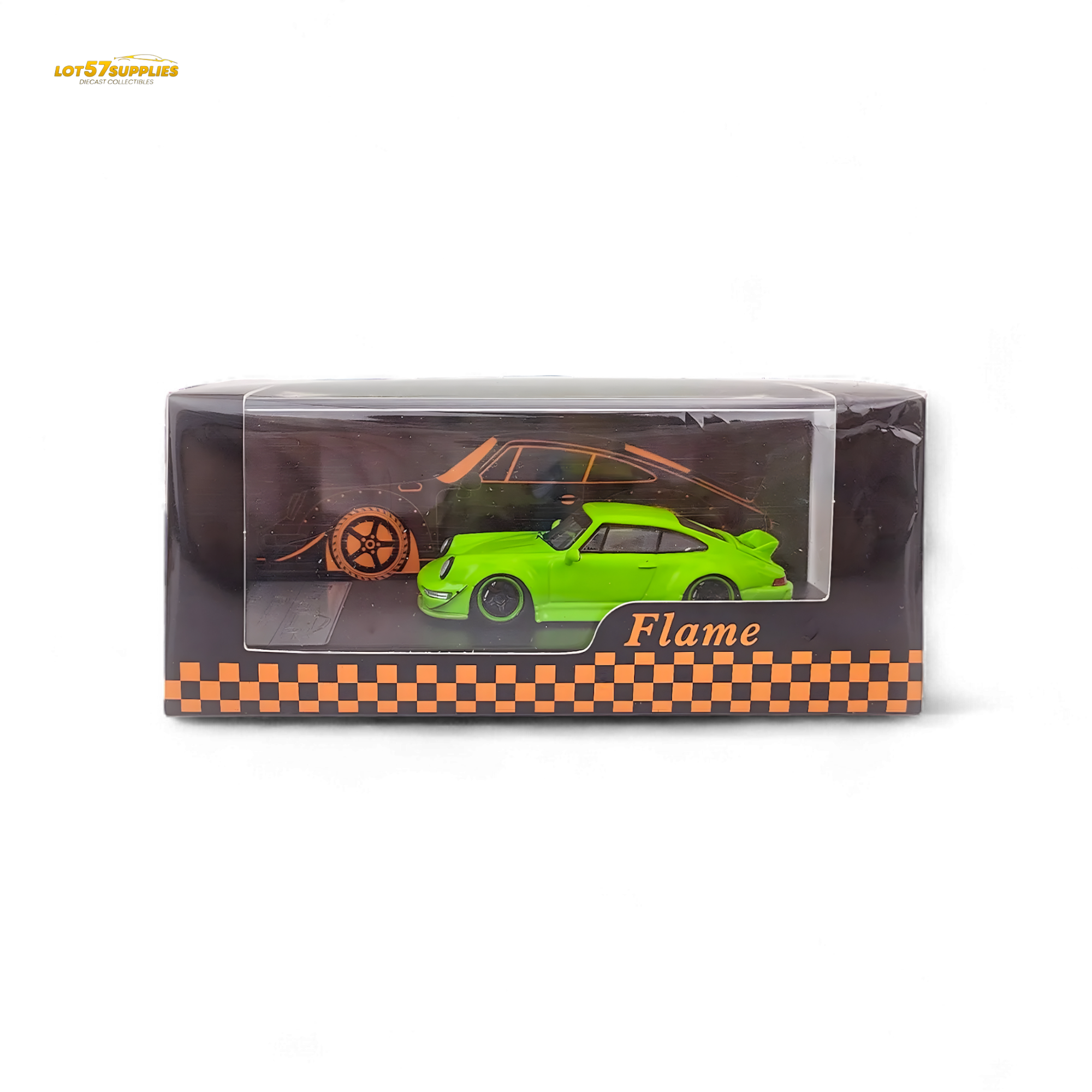 Flame Porsche 964 RWB Ducktail in Fluorescent Green 1:64