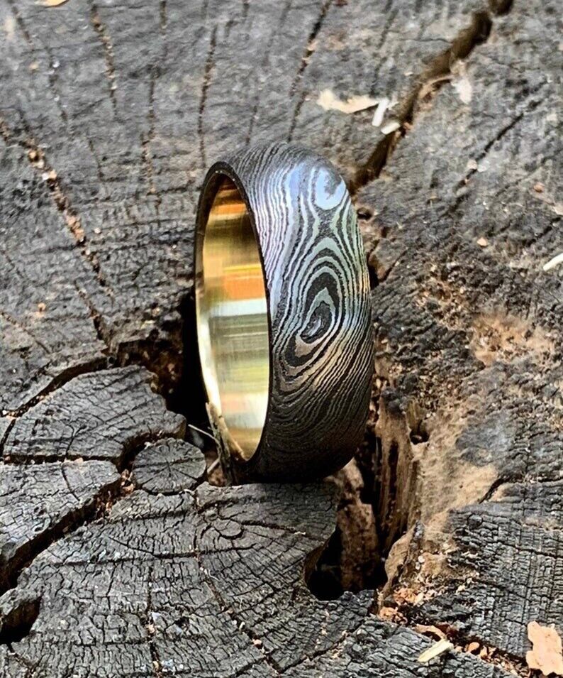 Custom Damascus Steel Anniversary Ring with Brass Inlay