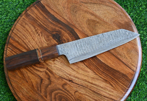 Artisan Edge: Custom Handmade Santoku Knife with Damascus Steel Blade, Rosewood Handle, and Leather Roll