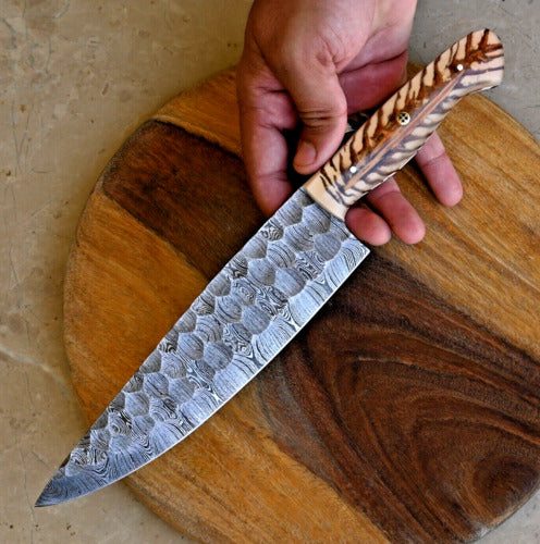 Artisan’s Choice: Custom Handmade Chef’s Knife with Damascus Steel Blade and Epoxy Pine-cone Handle, 13-Inch with Leather Sheath