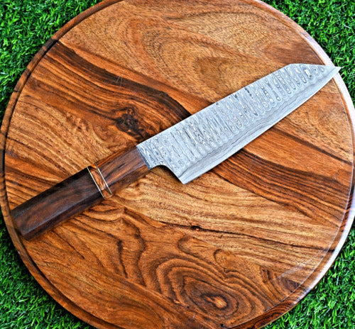 Artisan Edge: Custom Handmade Santoku Knife with Damascus Steel Blade, Rosewood Handle, and Leather Roll