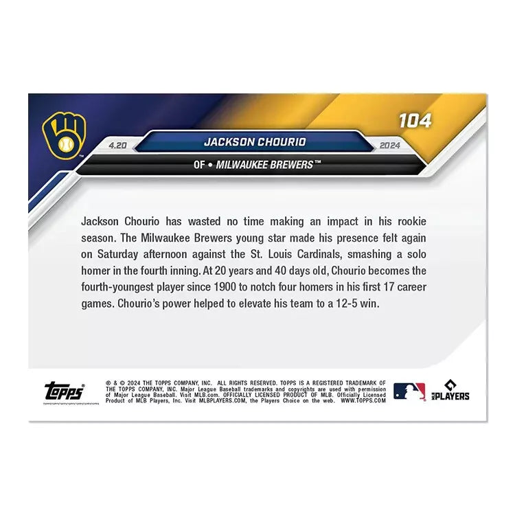 2024 Topps Now Jackson Chourio #104 Rookie RC Baseball Card