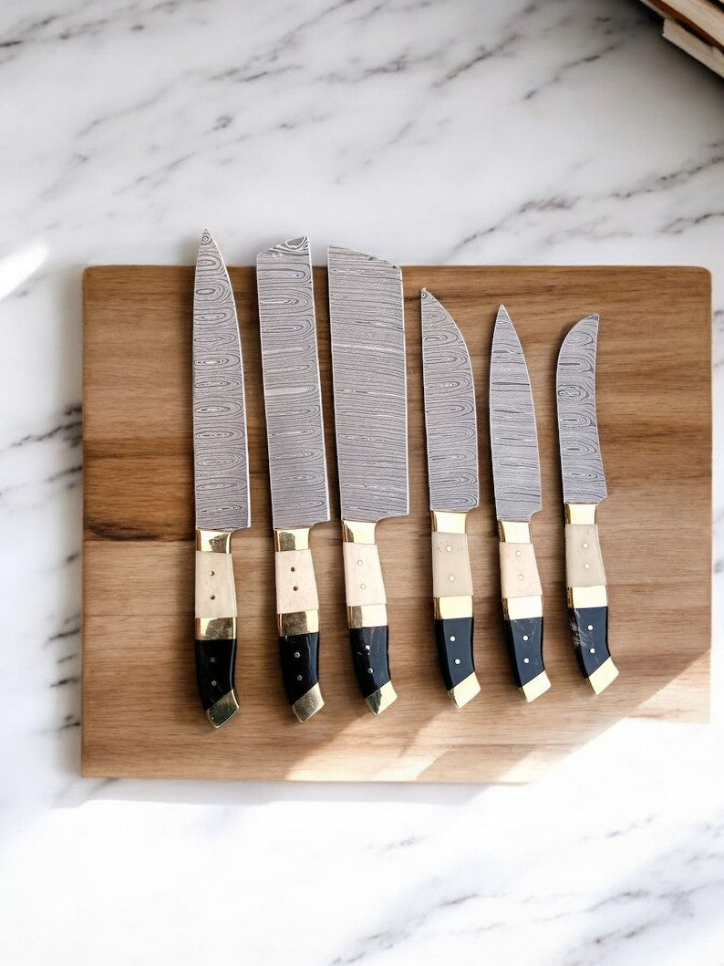 Custom Handmade Damascus Chef Knife Set with Bone Handles