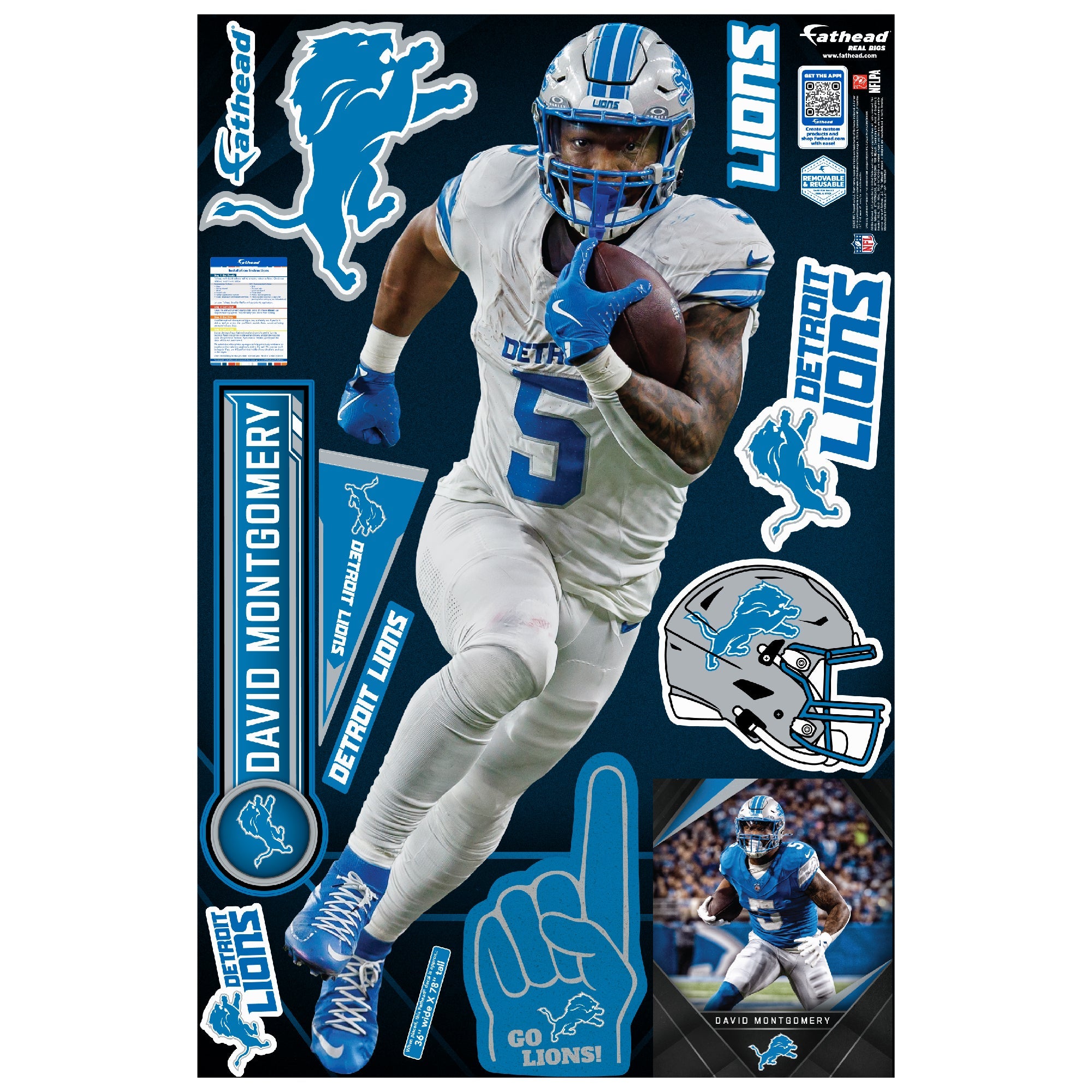 David Montgomery - Realbig Collection - Official NFL - Detroit Lions - Reusable Vinyl Wall Decals