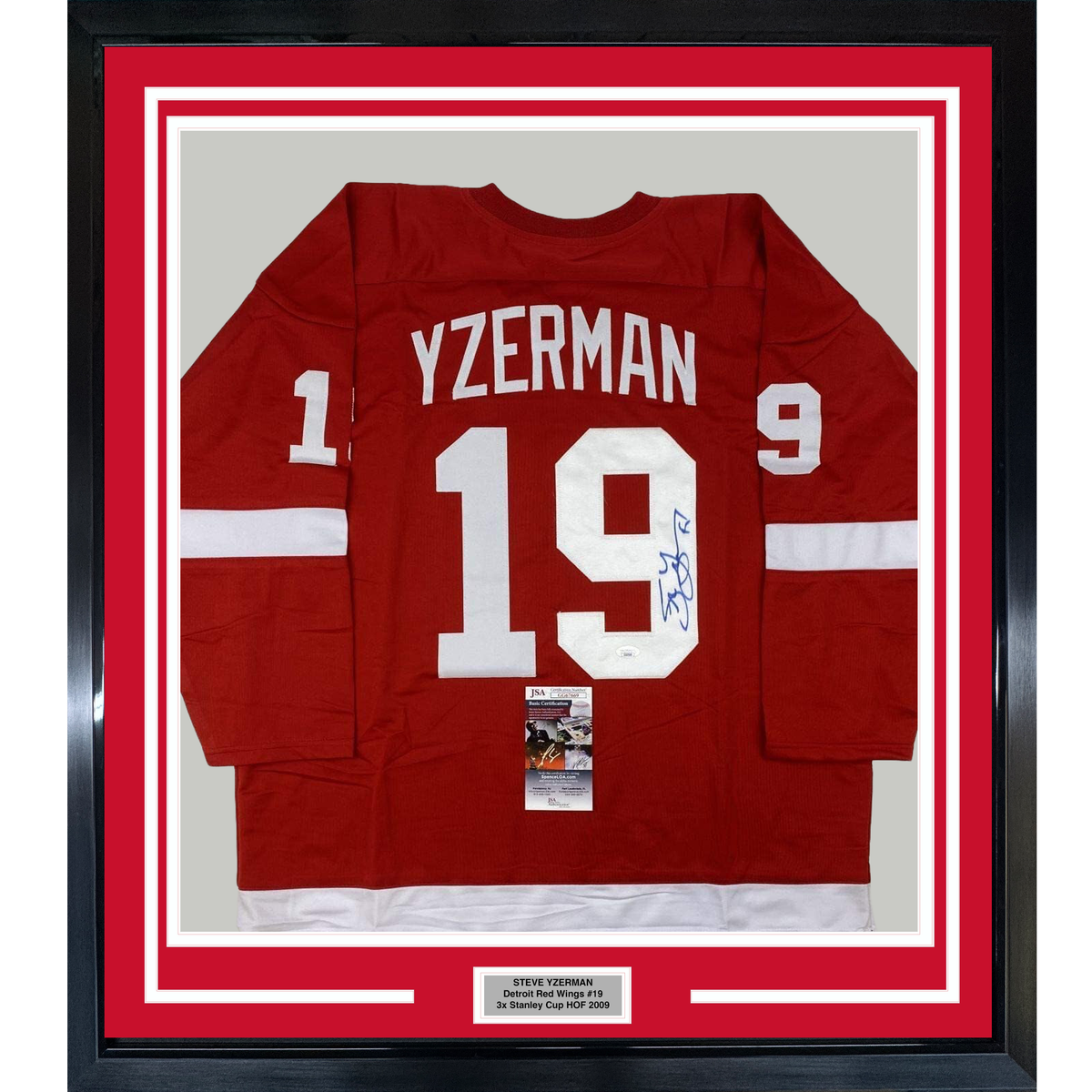 Framed Autographed/Signed Steve Yzerman 35x39 Detroit Red Hockey Jersey JSA COA