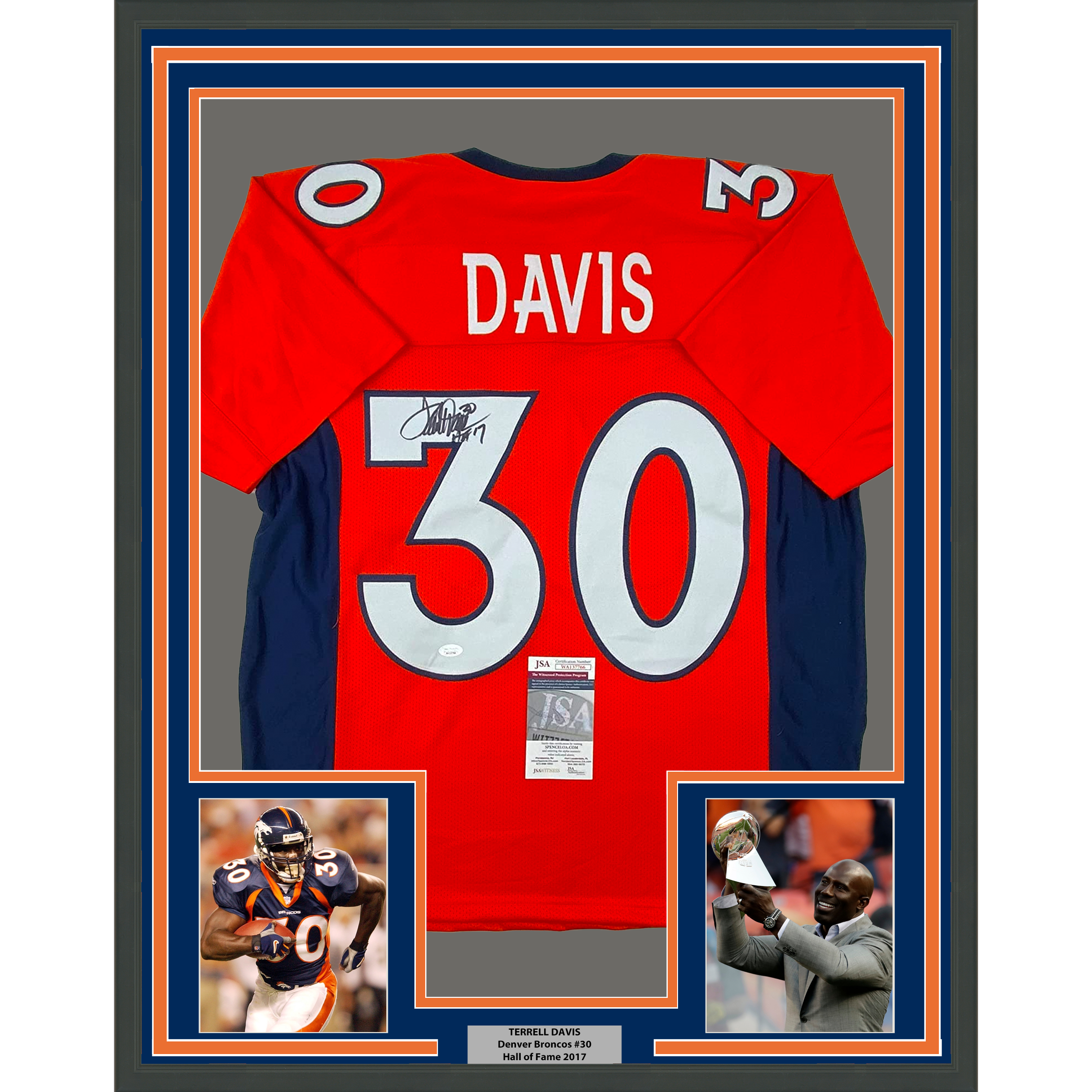 Framed Autographed/Signed Terrell Davis 35x39 HOF 17 Denver Orange Football Jersey JSA COA