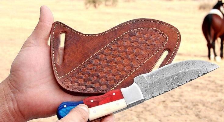 Western Knives – 8.5" Damascus Blade with Texas Flag Handle in Bone & Exotic Woods