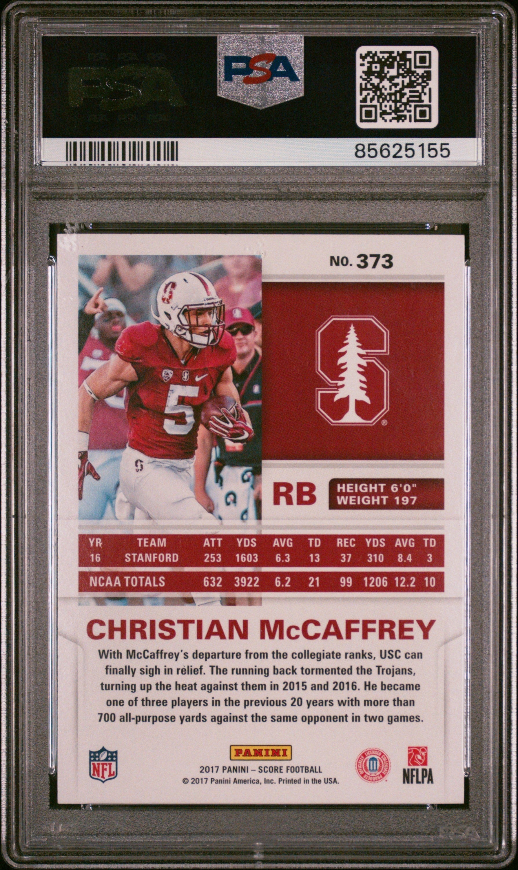 Graded 2017 Panini Score Christian McCaffrey #373 Rookie RC Football Card PSA 9 Mint