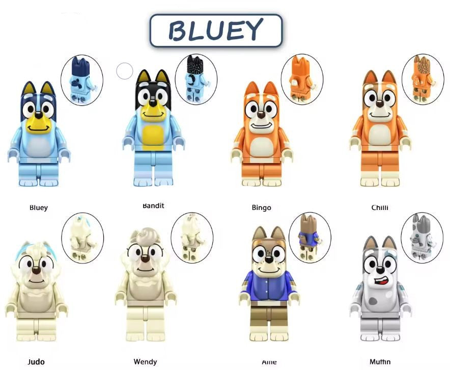 Bluey Custom Minifigure Set of 8 – Family Fun with Bluey and Friends!