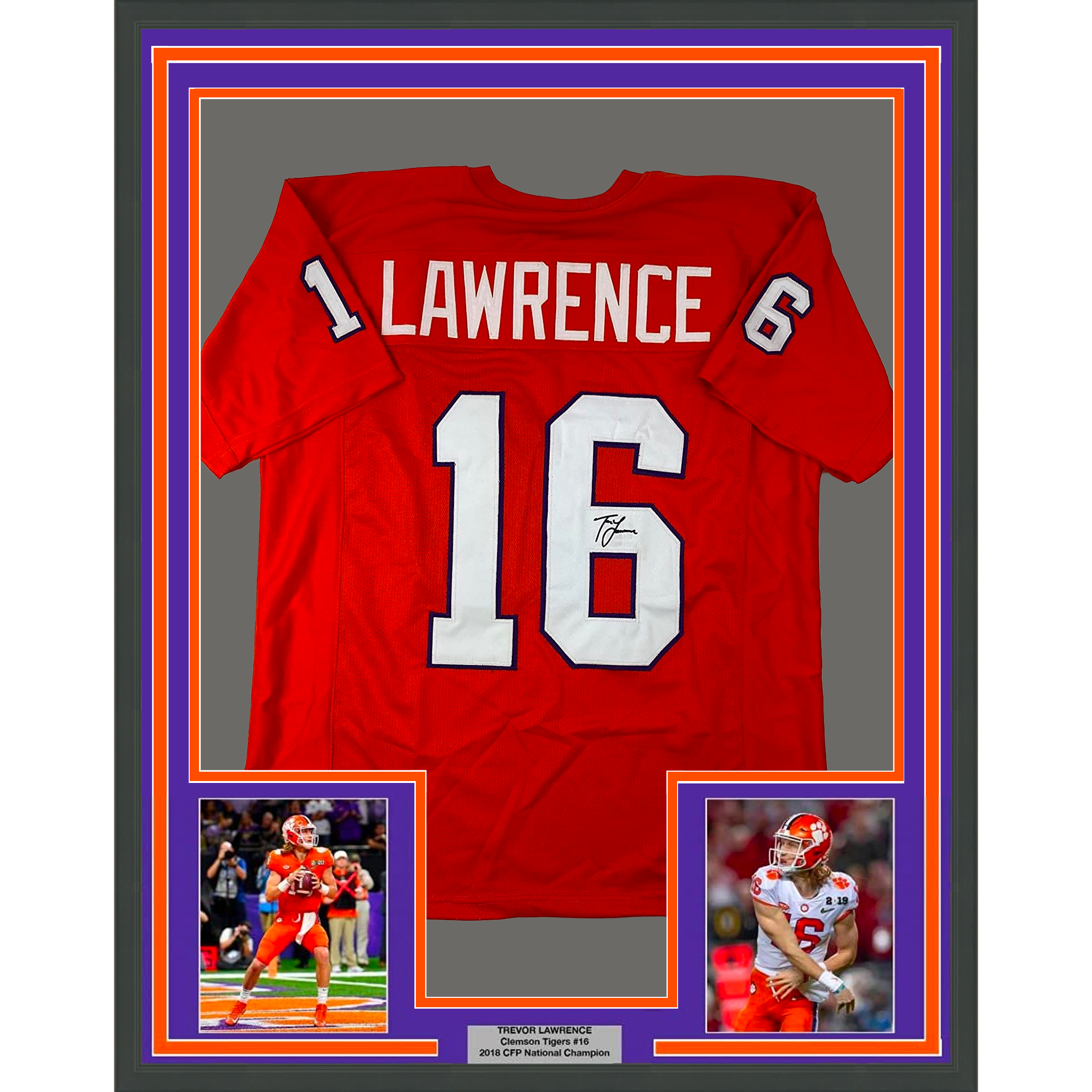 Framed Facsimile Autographed Trevor Lawrence 35x39 Clemson Orange Reprint Laser Auto College Football Jersey Size Men's XL