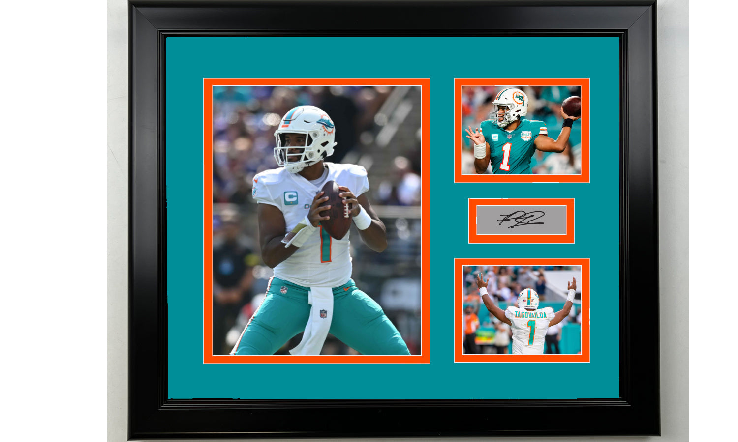Framed Tua Tagovailoa Miami Dolphins Facsimile Laser Engraved Signature Football 14x11 3 Photo Collage