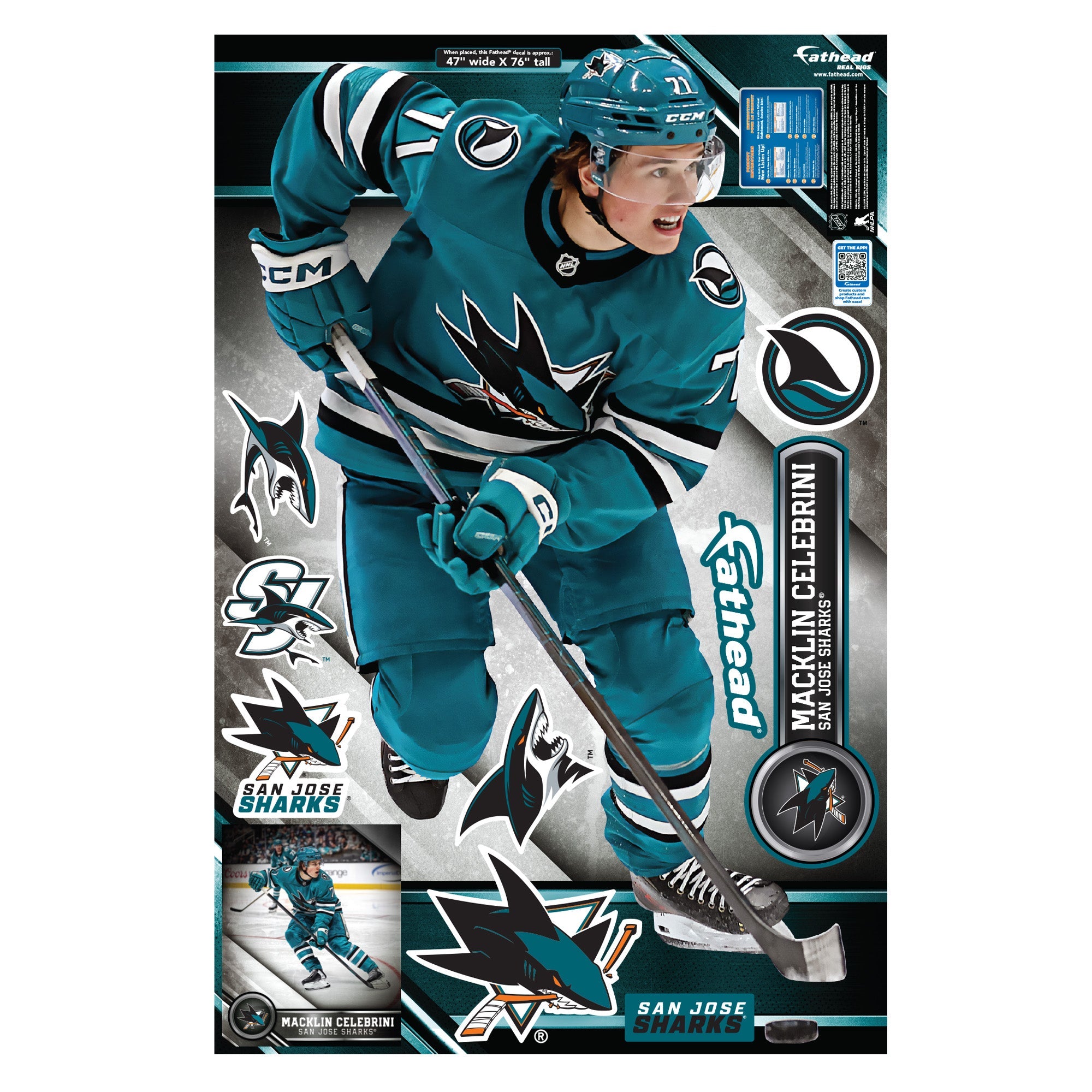 Macklin Celebrini - Realbig Collection - Official NHL - San Jose Sharks - Reusable Vinyl Wall Decals