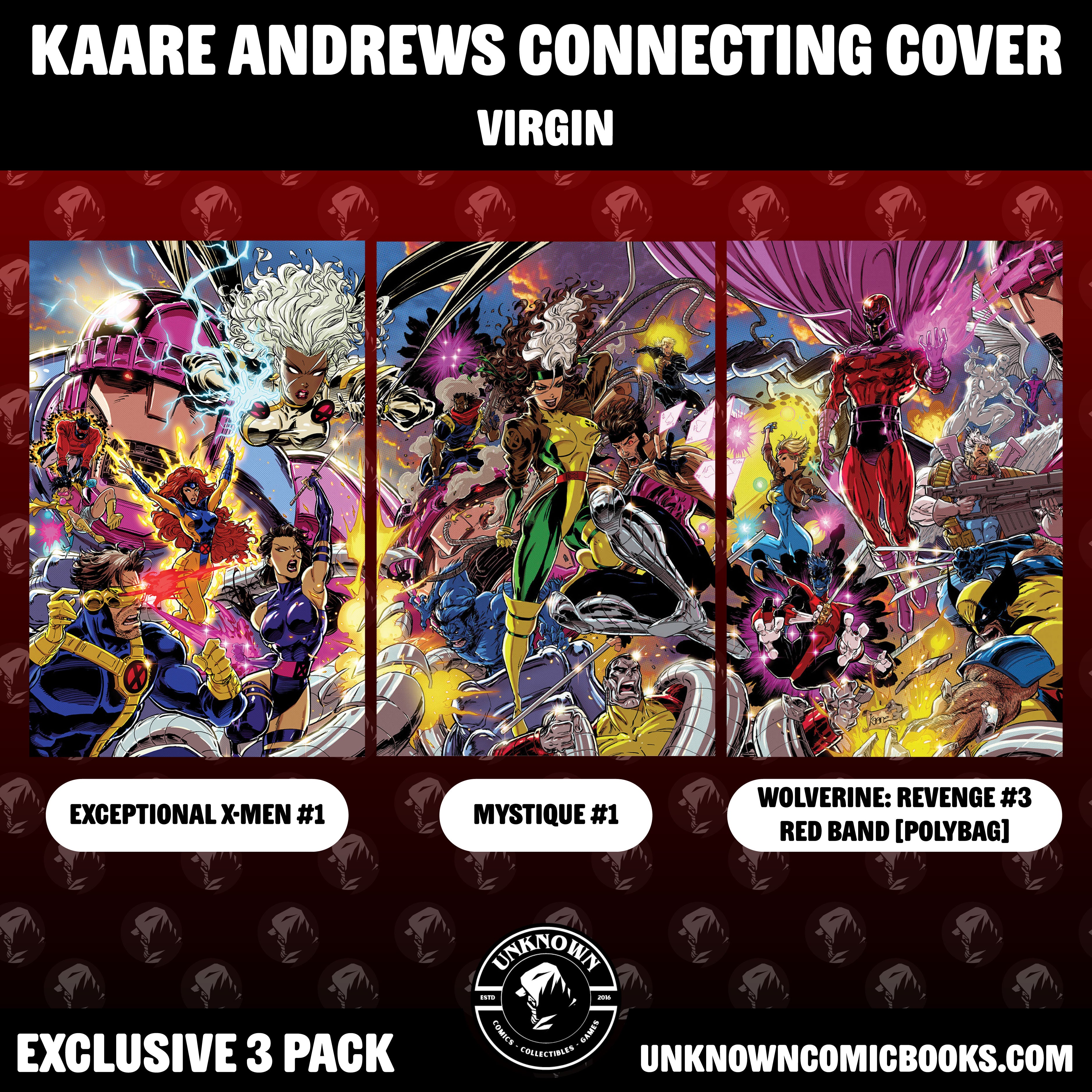 [3 PACK VIRGIN CONNECTING] EXCEPTIONAL X-MEN #1 & MYSTIQUE #1 & WOLVERINE: REVENGE #3 RED BAND [POLYBAG] UNKNOWN COMICS KAARE ANDREW EXCLUSIVE VIRGIN VAR (10/30/2024)