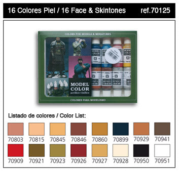 Vallejo 70125 17ml Bottle Face & Skin Tones Model Color Paint Set (16 Colors)